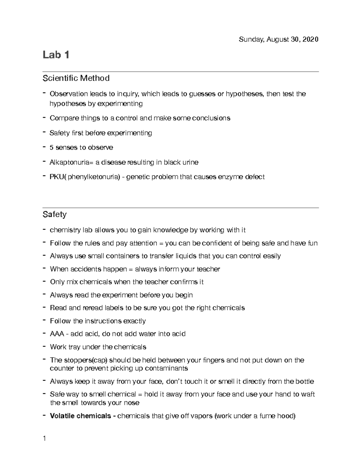 Chemistry Lab Notes Lab 1 Scientific Method Observation leads to