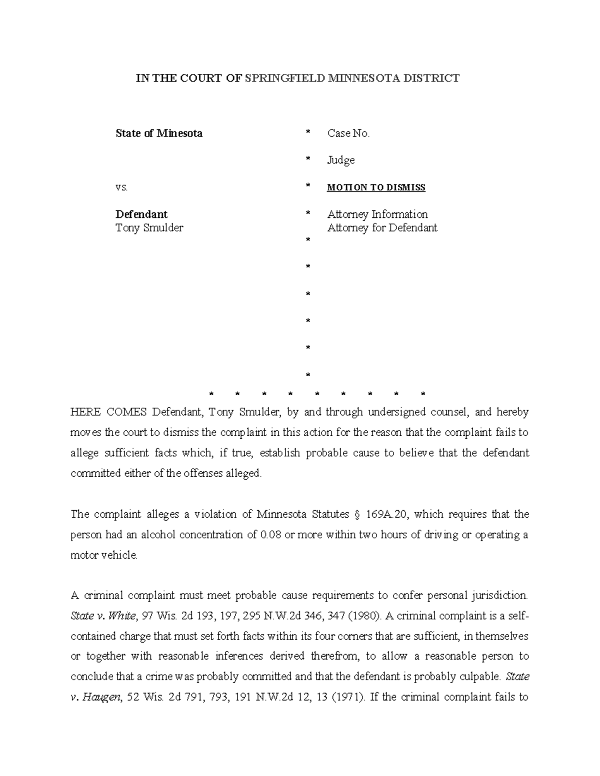 Week 2 Criminal Motion to Dismiss - IN THE COURT OF SPRINGFIELD ...