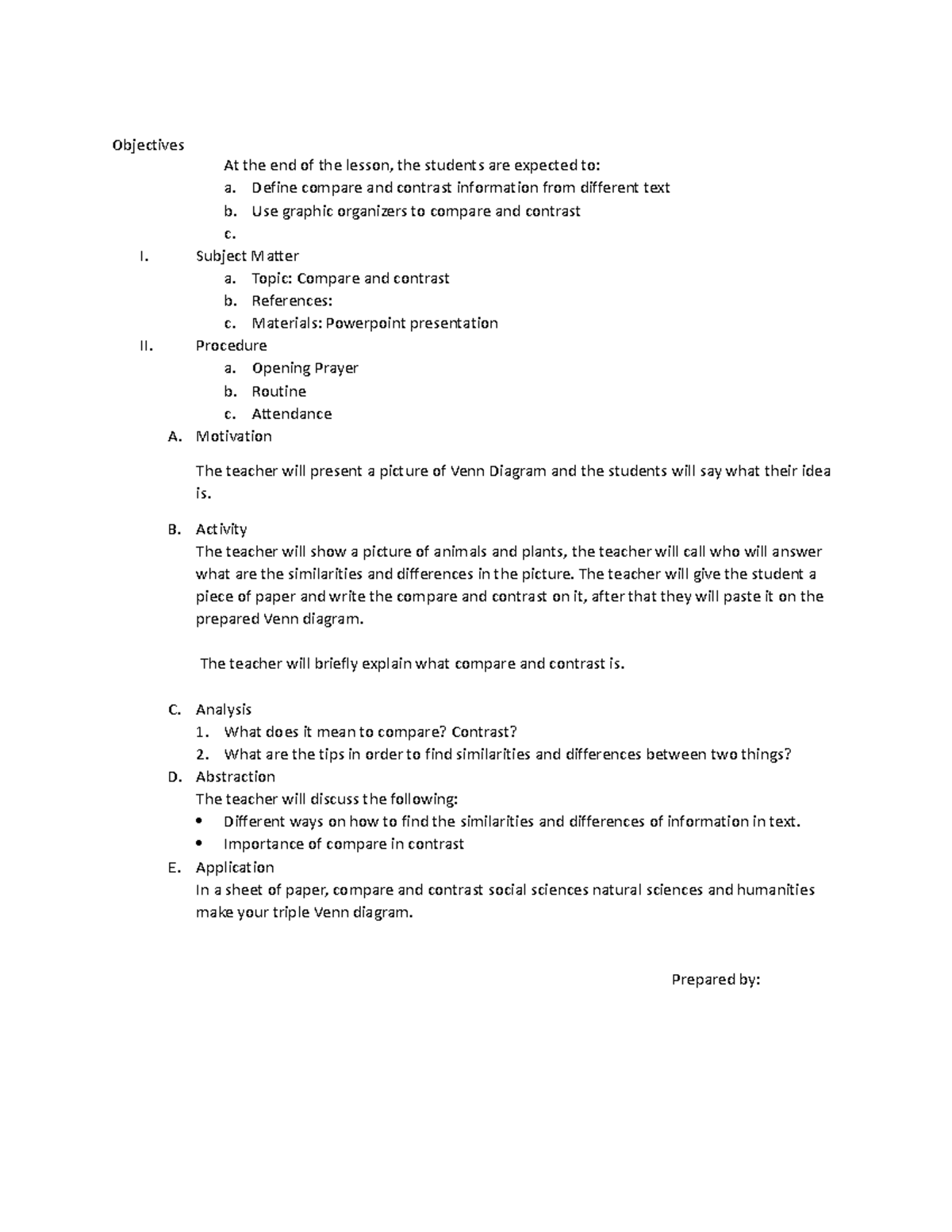 Compare and contrast - Objectives At the end of the lesson, the ...