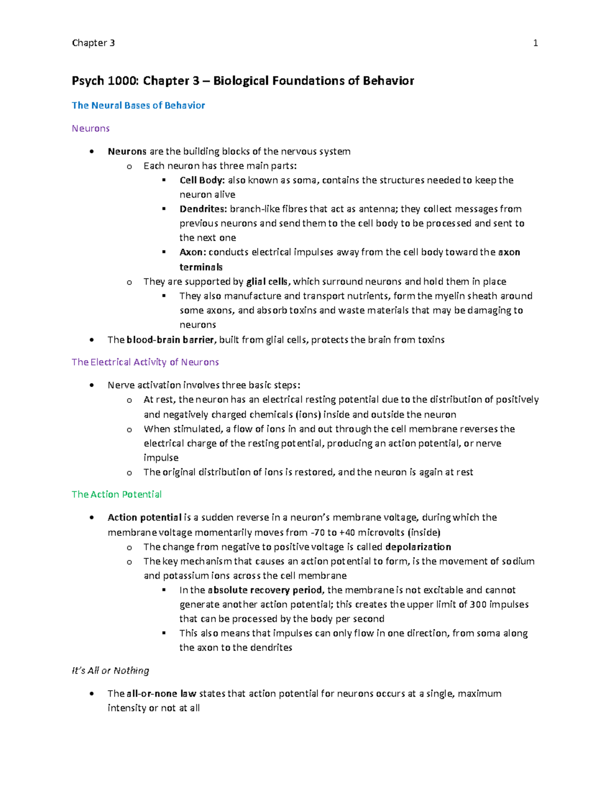 Chapter 3 - Lecture notes 3 - Psych 1000: Chapter 3 – Biological ...