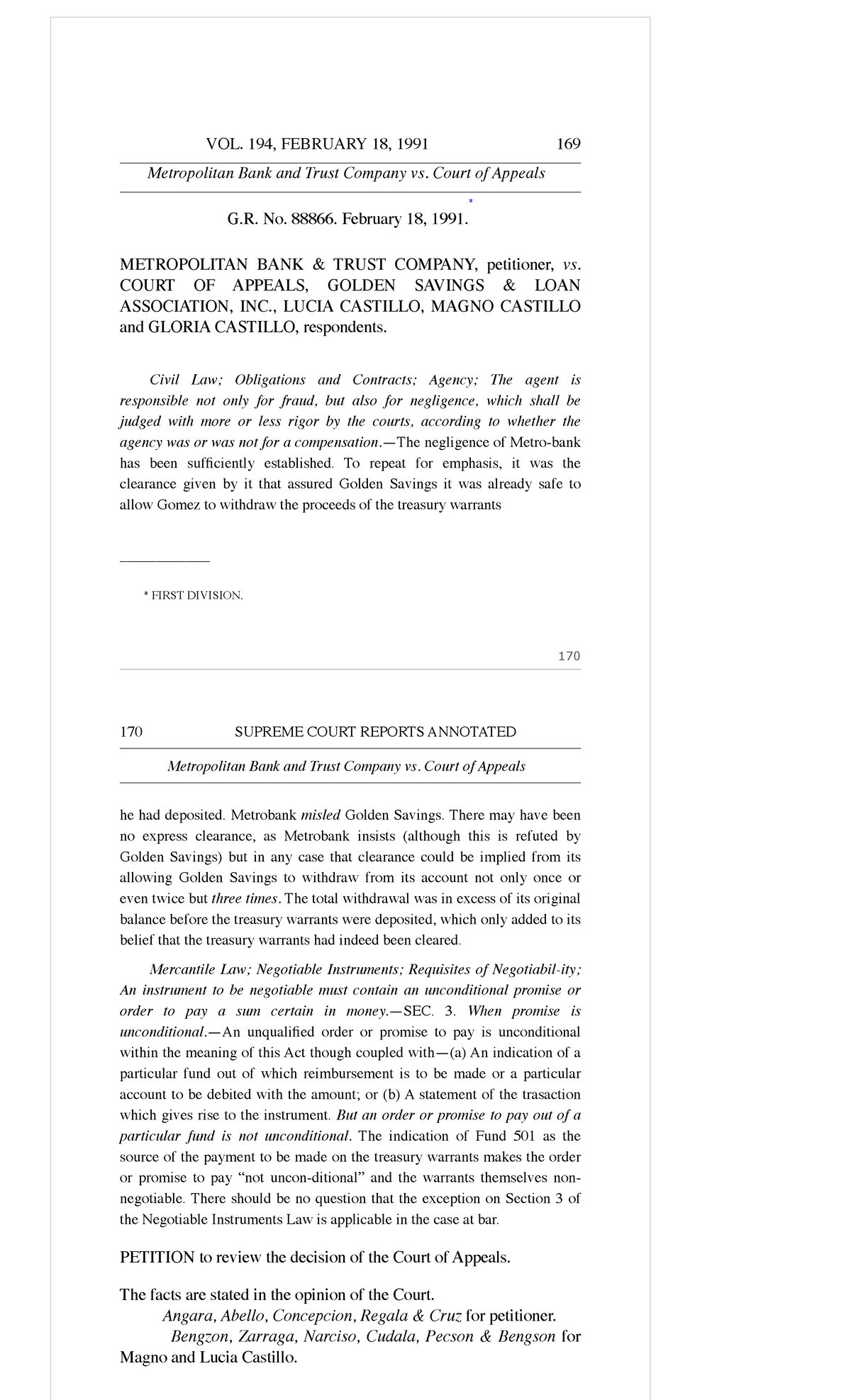 1Negotiable Instruments Law. - VOL. 194, FEBRUARY 18, 1991 169 ...