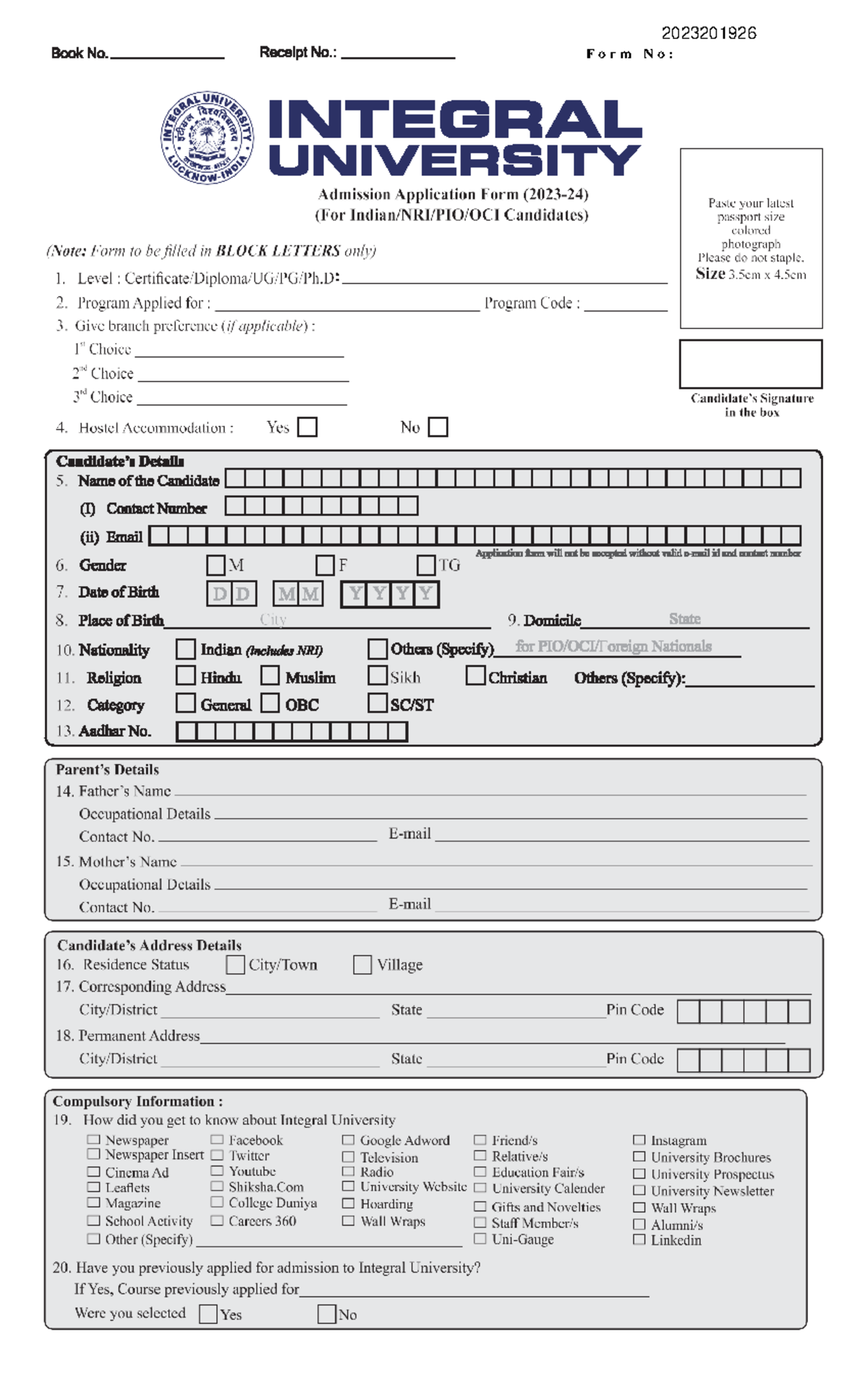 IUAdmission Form New - Masters - F o r m N o : 2023201926 - Studocu