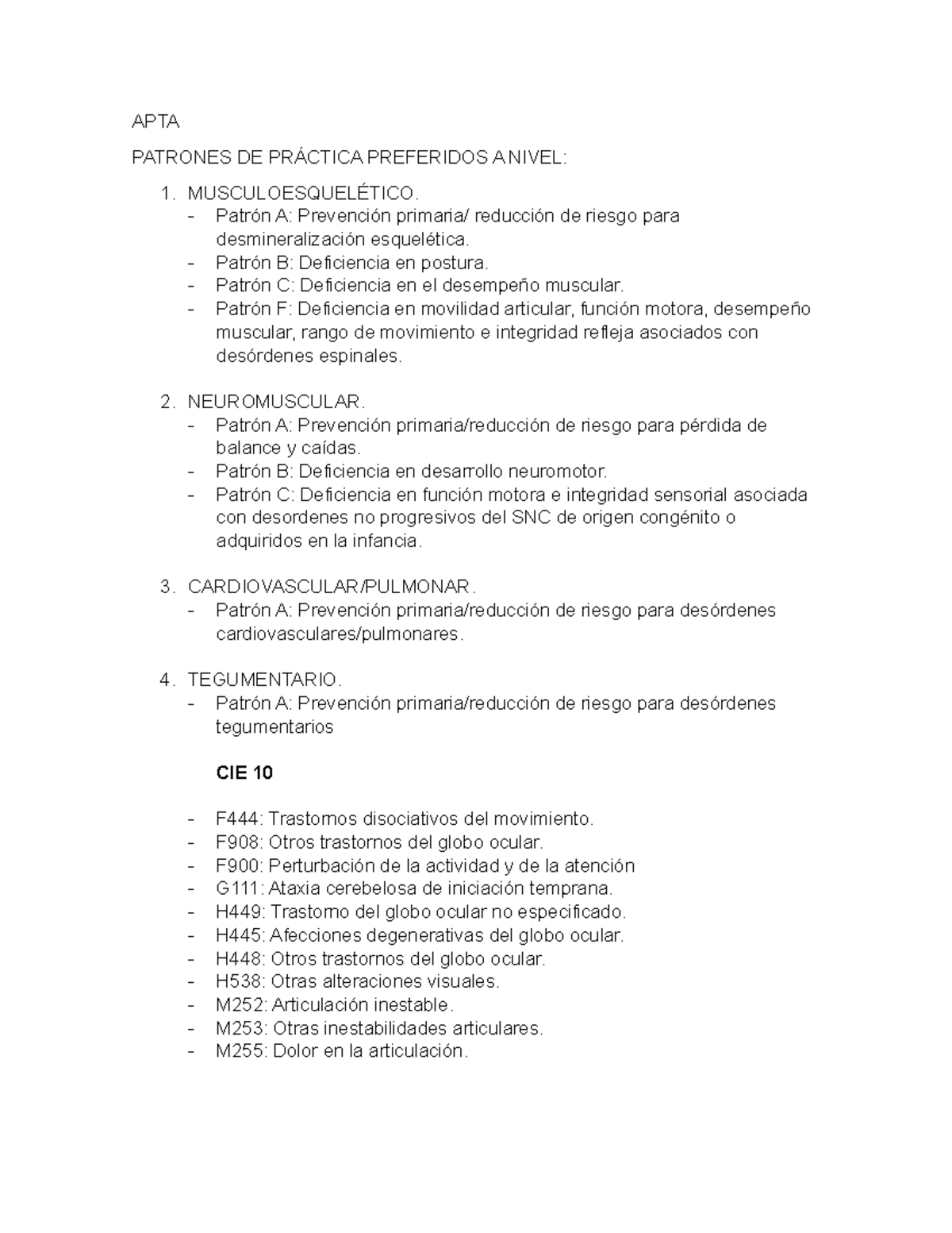 Apta - iihy - APTA PATRONES DE PRÁCTICA PREFERIDOS A NIVEL: 1 ...