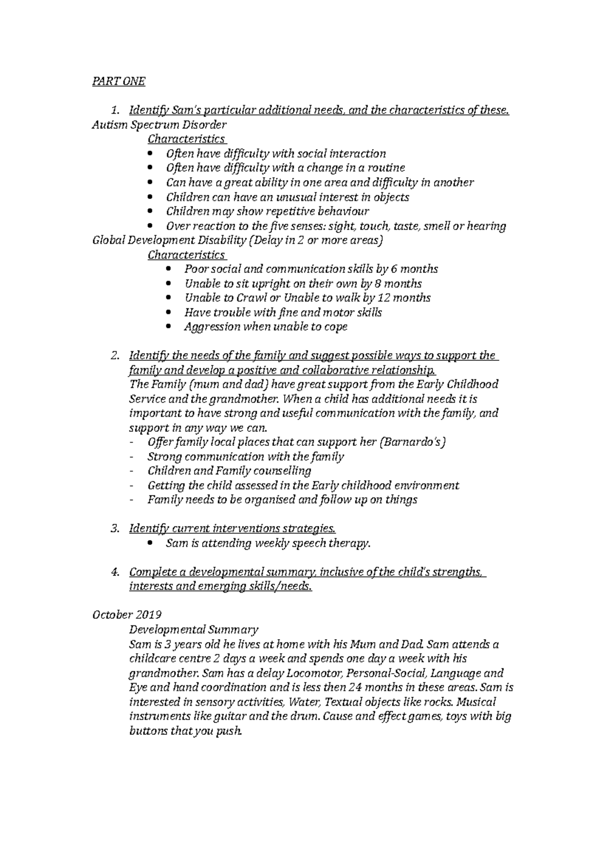 PART ONE Individual Education Plan PART ONE Identify Sam s 