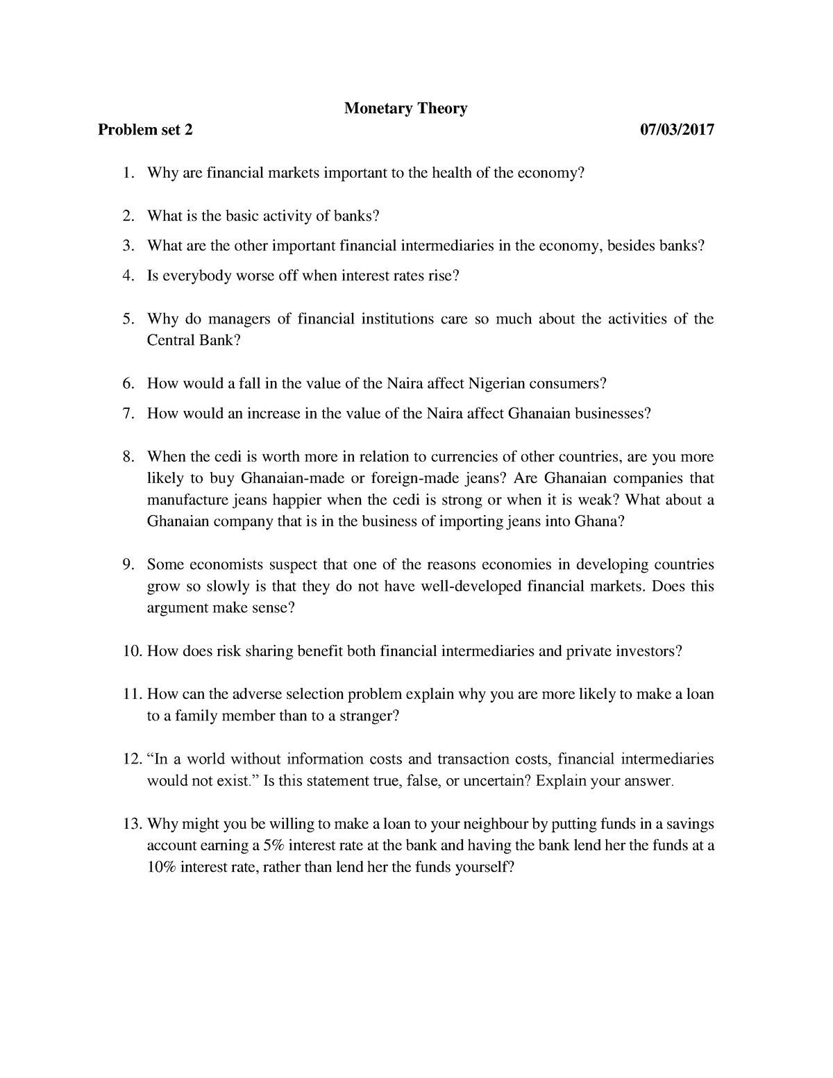 Problem Set 2 - Tutorial - Monetary Theory Problem Set 2 07/03/ Why Are ...