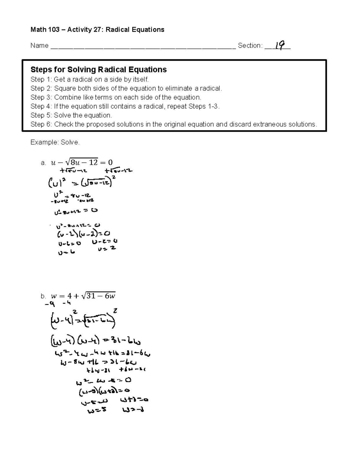 Activity+27+-+Radical+Equations - Math 103 – Activity 27: Radical ...