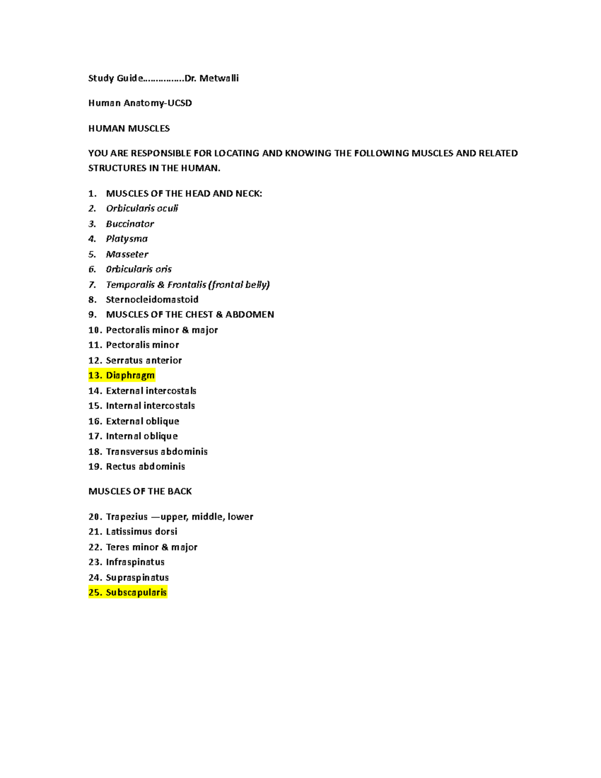 Anatomy lab notes Dr. Metwalli Study Guide…………….Dr. Metwalli Human