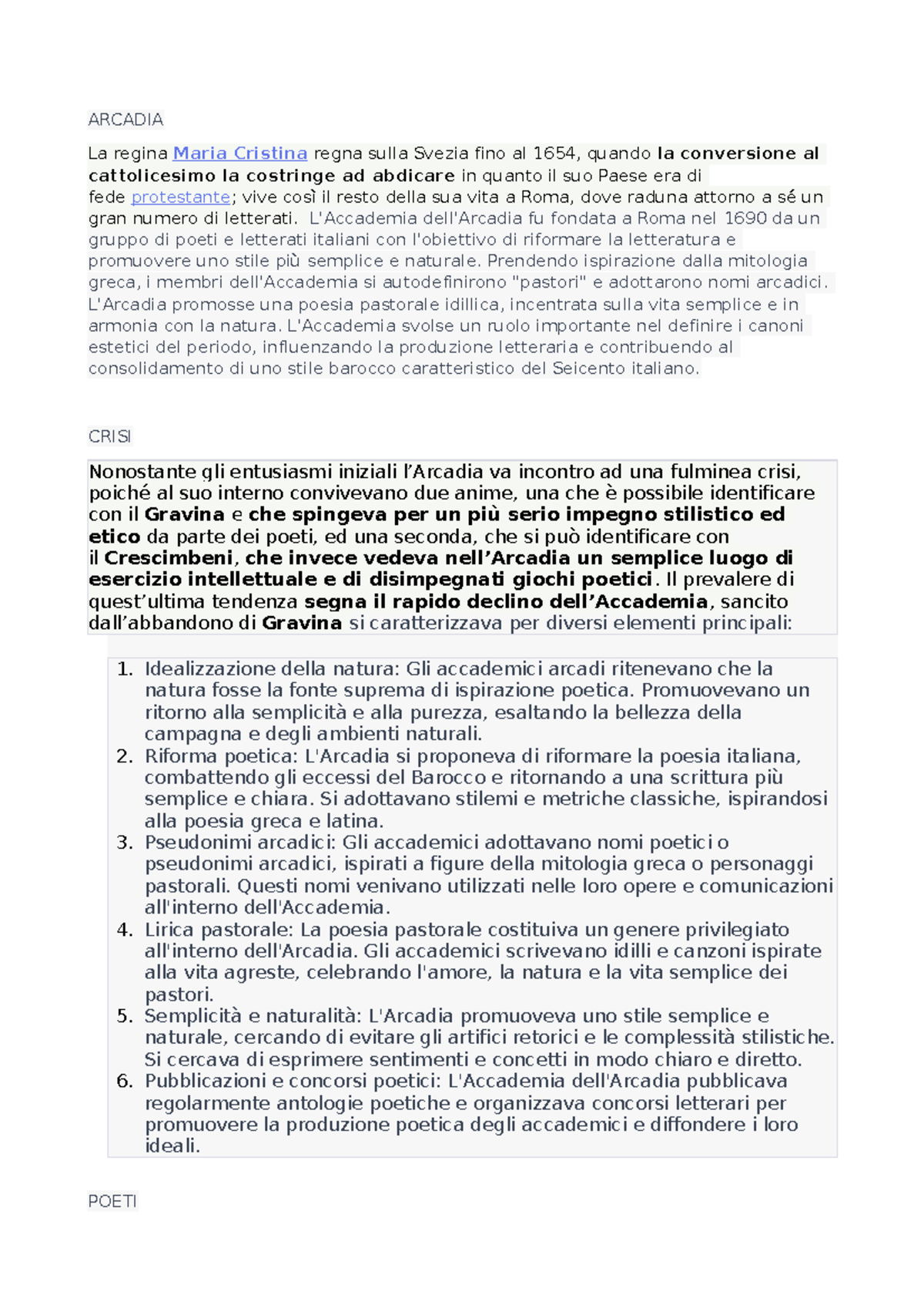 Accademia Arcadia Letteratura italiana Università di Cagliari Studocu