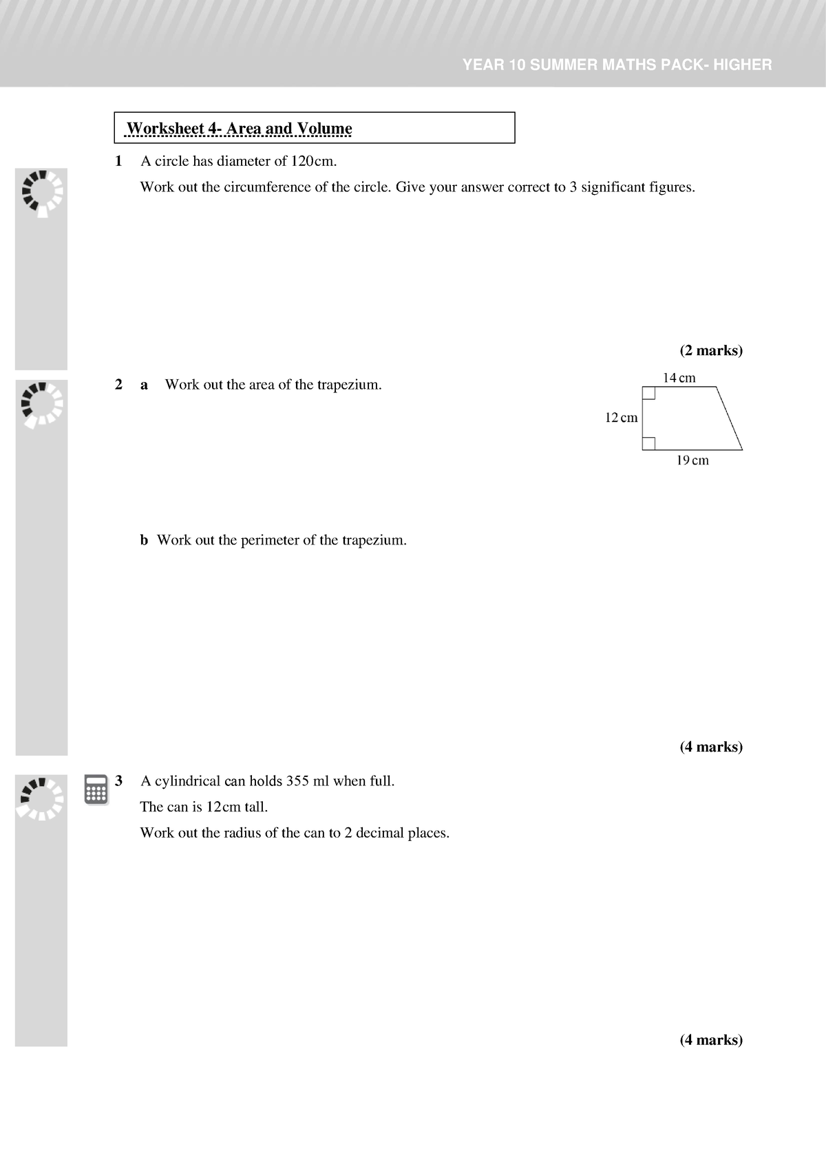 Area and volume - Worksheet - YEAR 10 SUMMER MATHS PACK- HIGHER ...