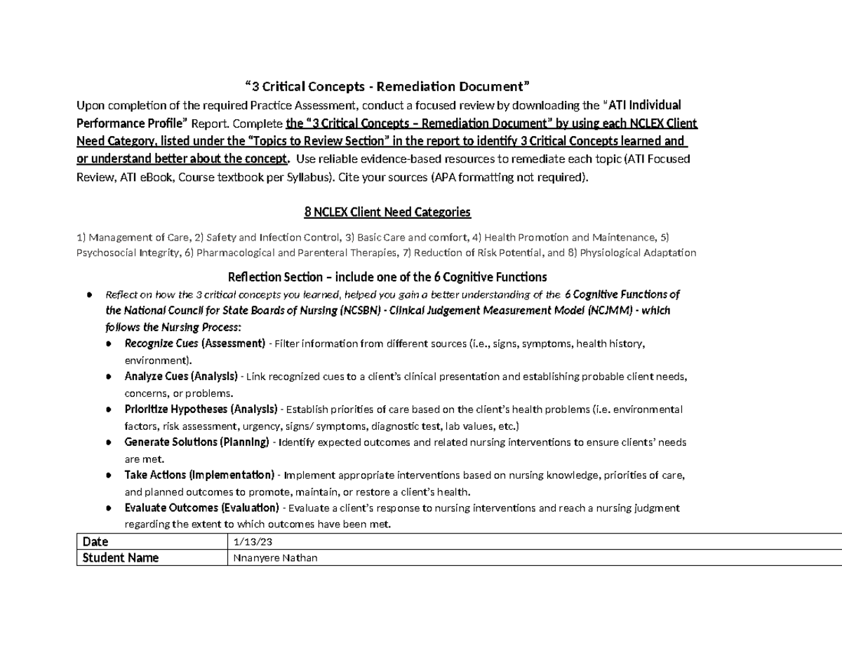 3 Critical Concepts - 480 ATI Practice Assessment A Remediation - “3