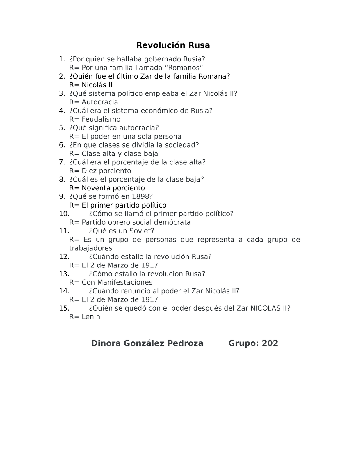 QUIZ REVOLUCIÓN RUSA worksheet