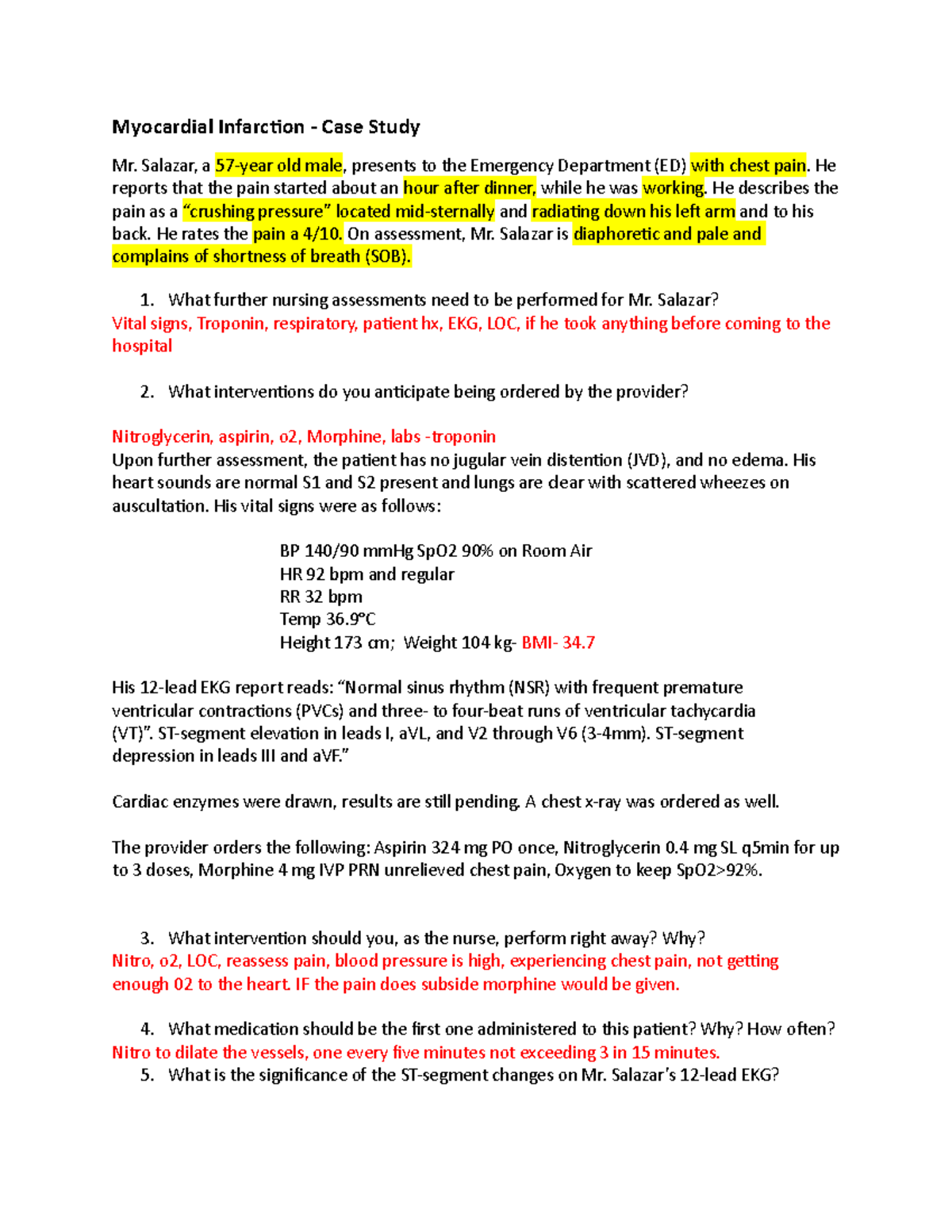 Case study MI - Myocardial Infarction - Case Study Mr. Salazar, a 57 ...