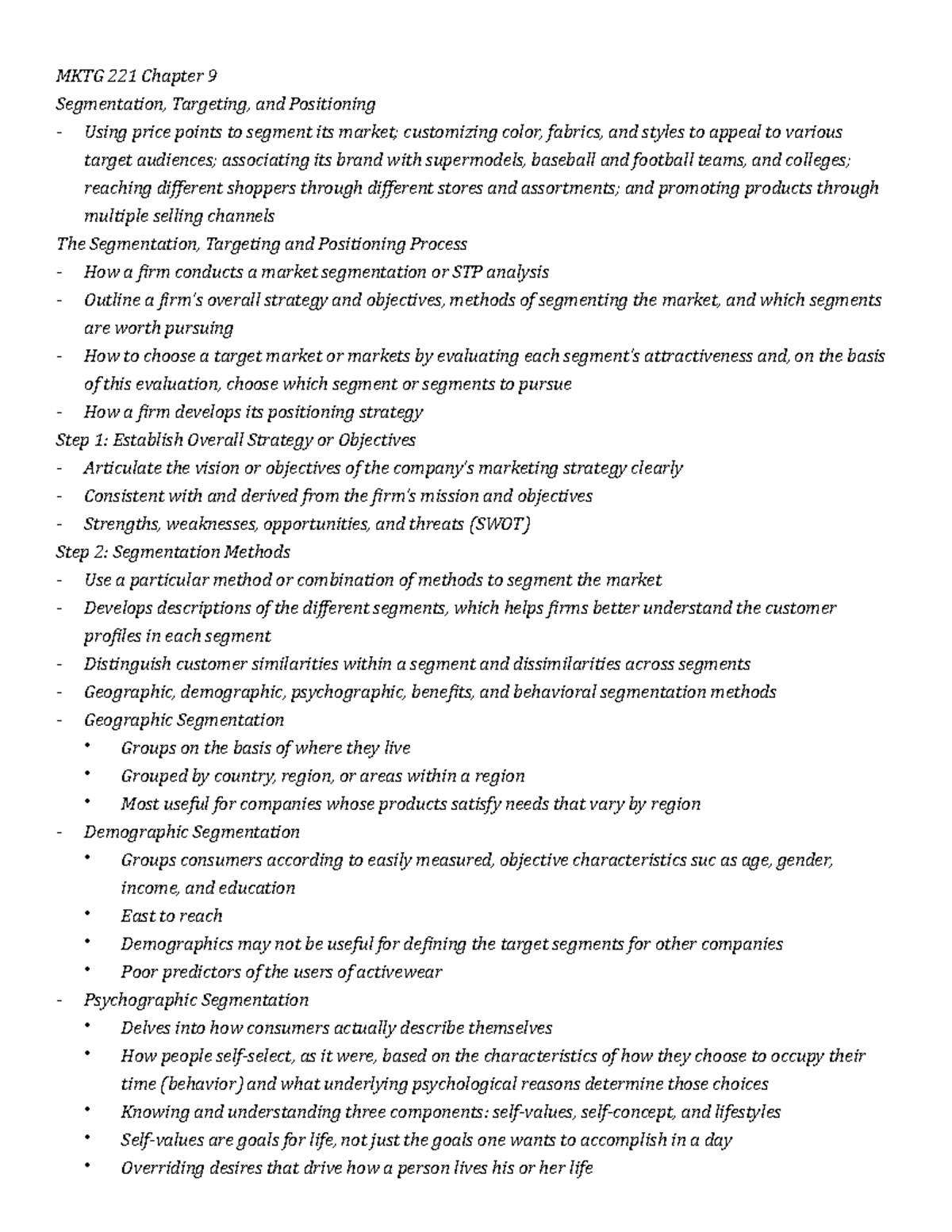 Ch9 - Lecture notes 9 - MKTG 221 Chapter 9 Segmentation, Targeting, and ...