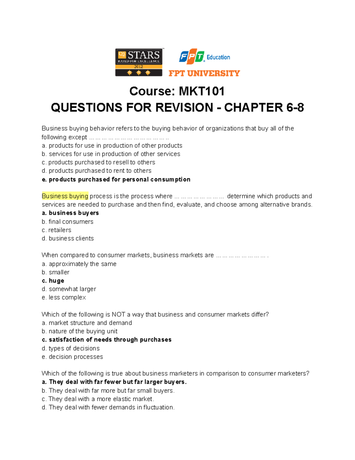 MKT101 Chapter 6-8 - ... - Course: MKT QUESTIONS FOR REVISION - CHAPTER ...