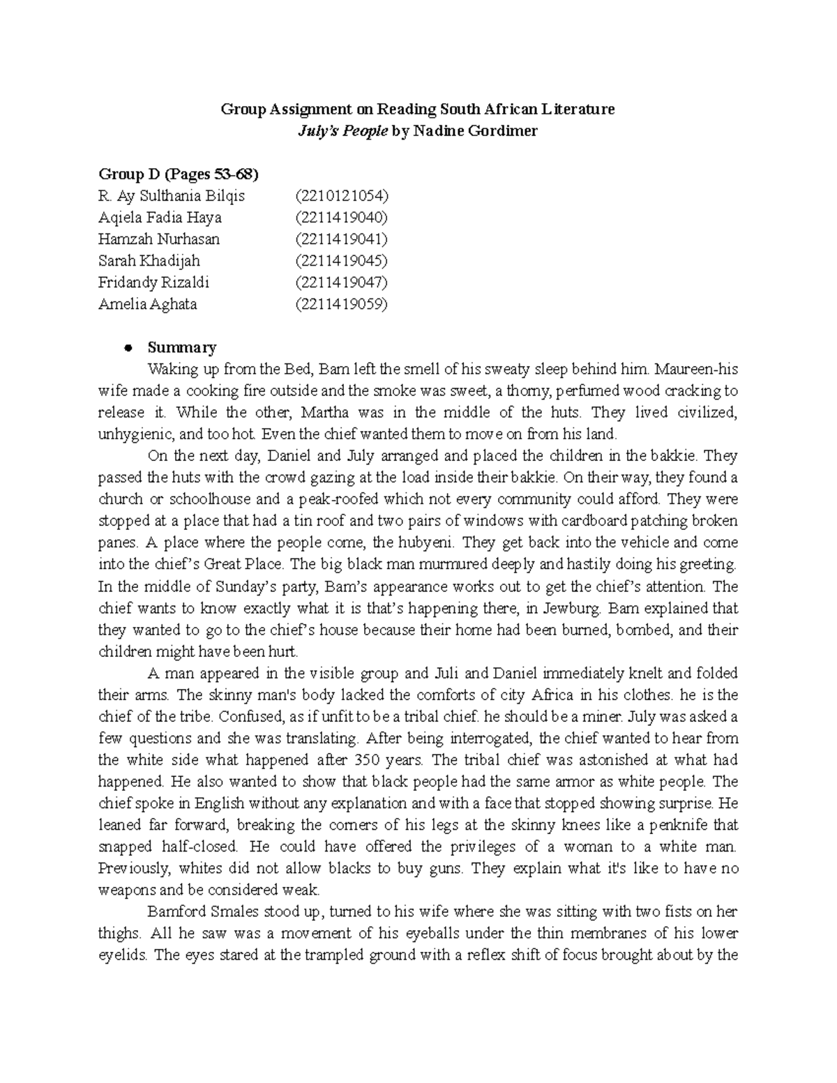 Reading South African Literature Group Assignment on Reading South