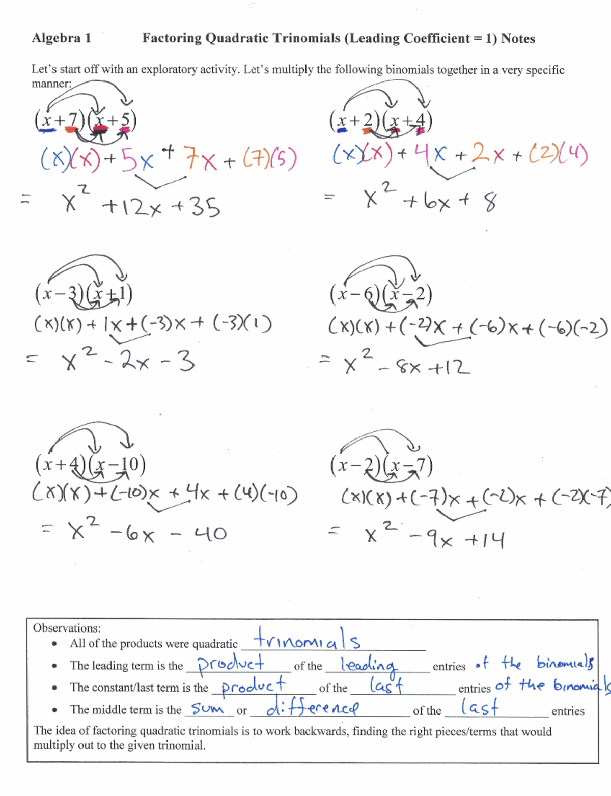 11-22-16. Factoring Quadratics LC =1 Notes Completed - Studocu