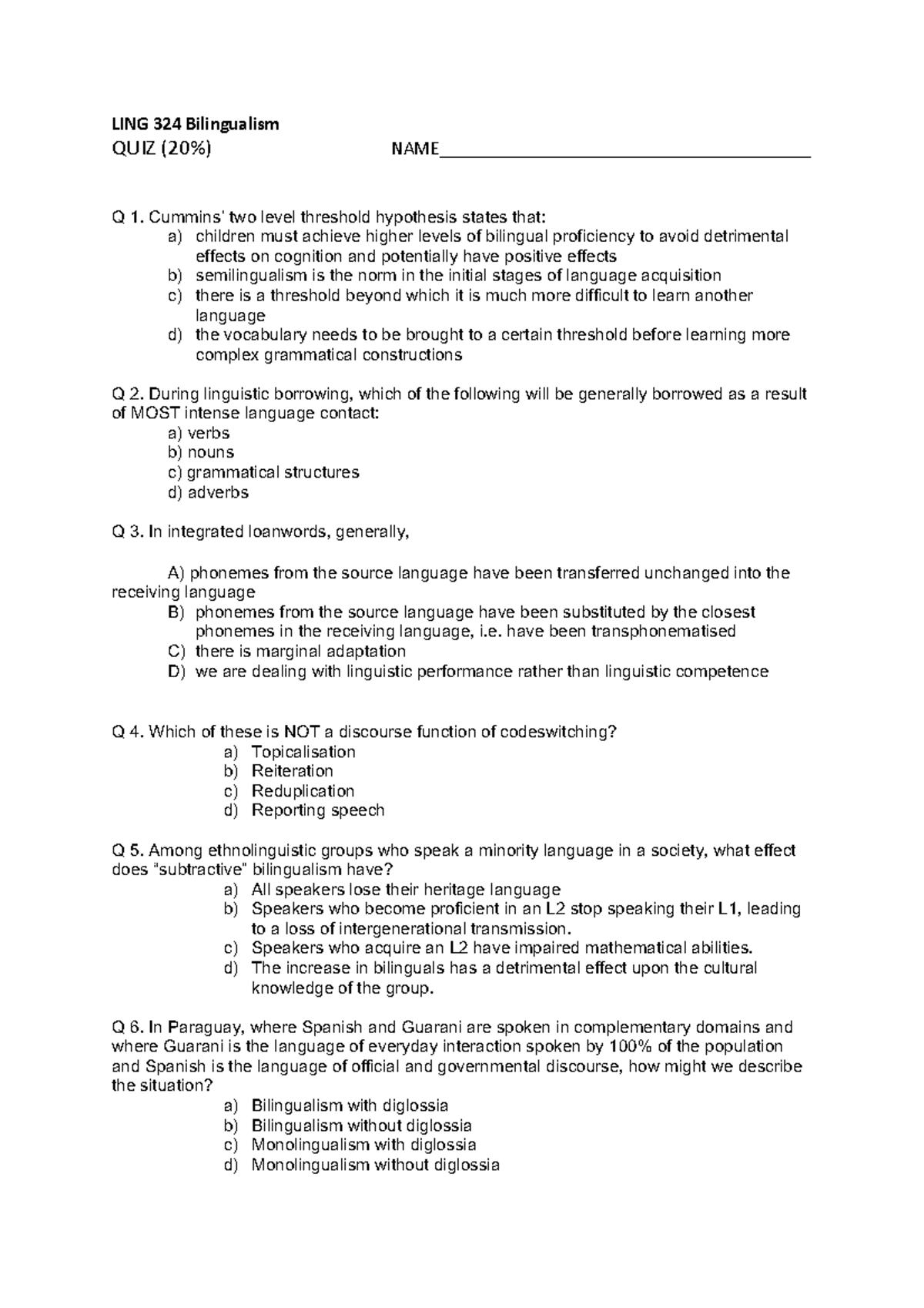 LING 324 Bilingualism QUIZ examples - LING 324 Bilingualism QUIZ (20% ...