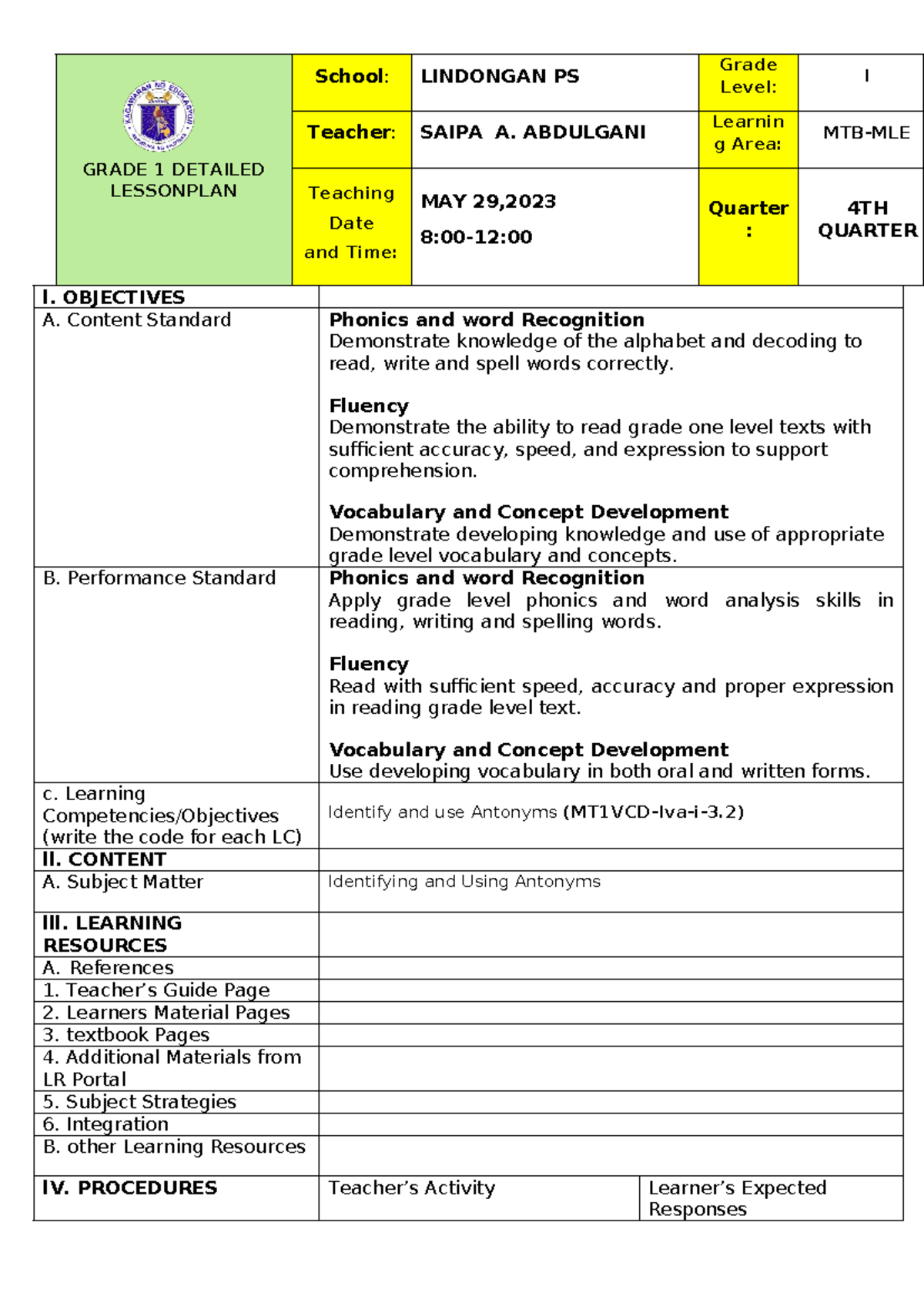 Original MTB-MLE Lesson PLAN - GRADE 1 DETAILED LESSONPLAN School ...