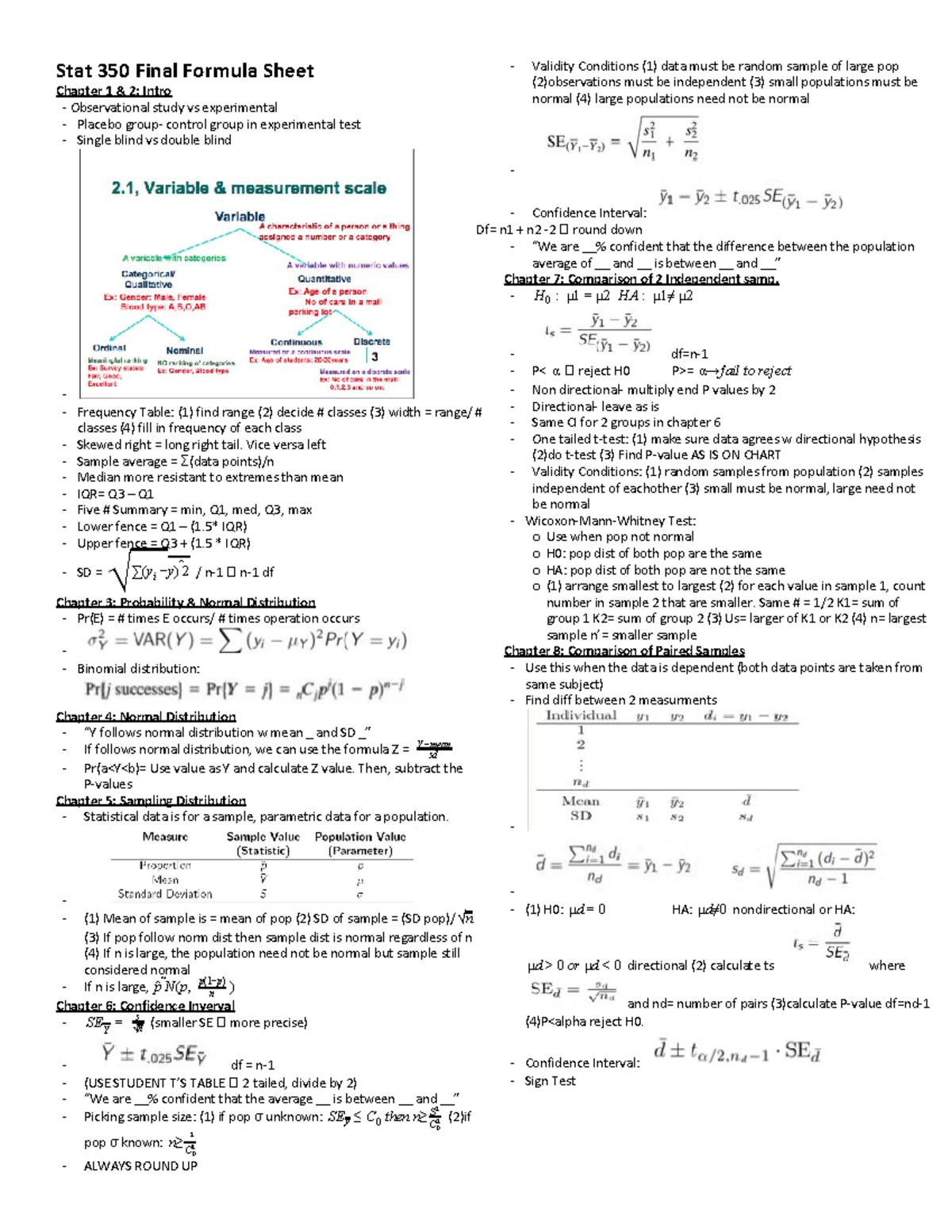 Stat 350 Final Formula Sheet Stat 350 Final Formula Sheet Chapter 1