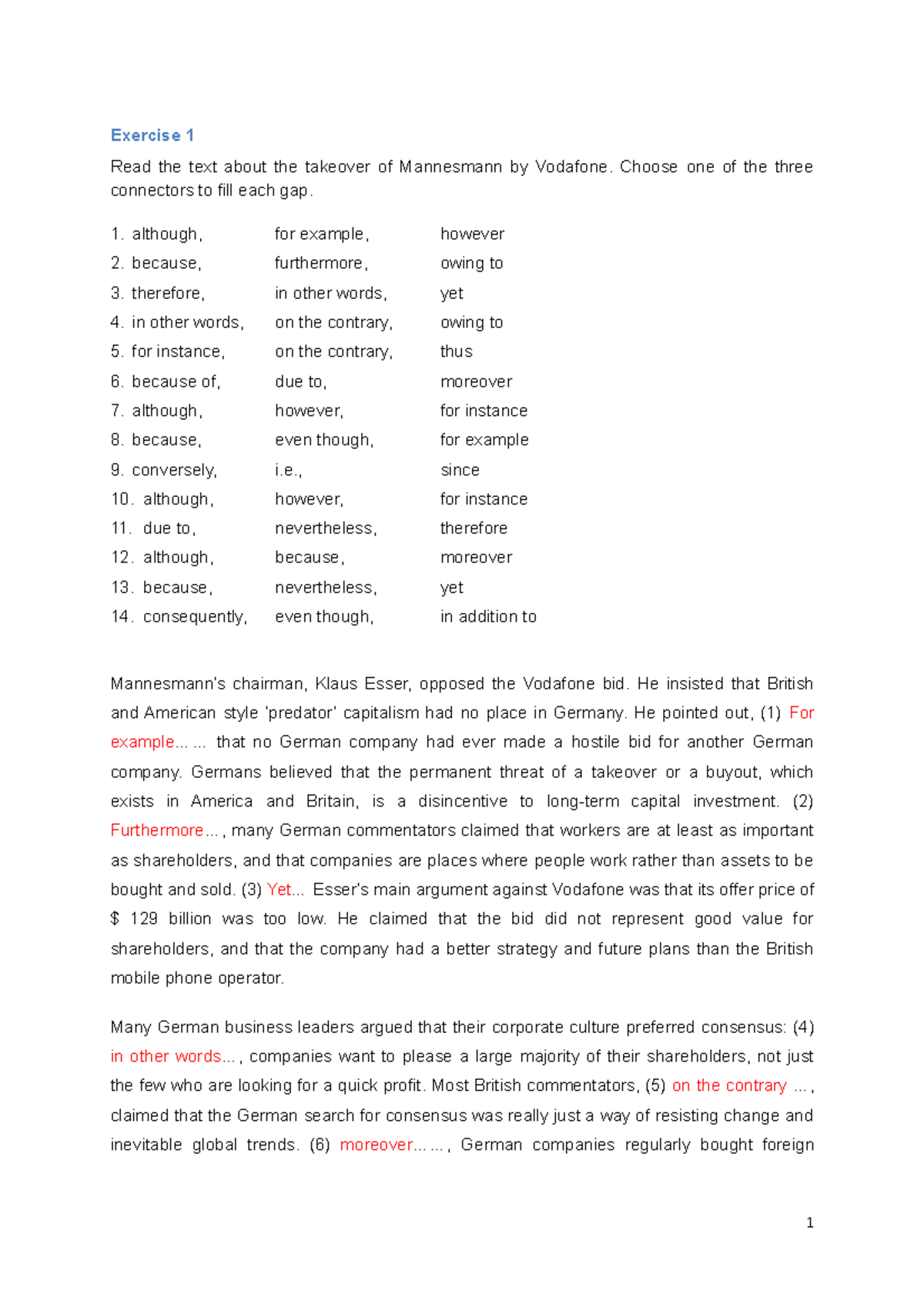 1415 1RP FV Writing 2 (conjunctions and connectors) - Exercise 1 Read ...