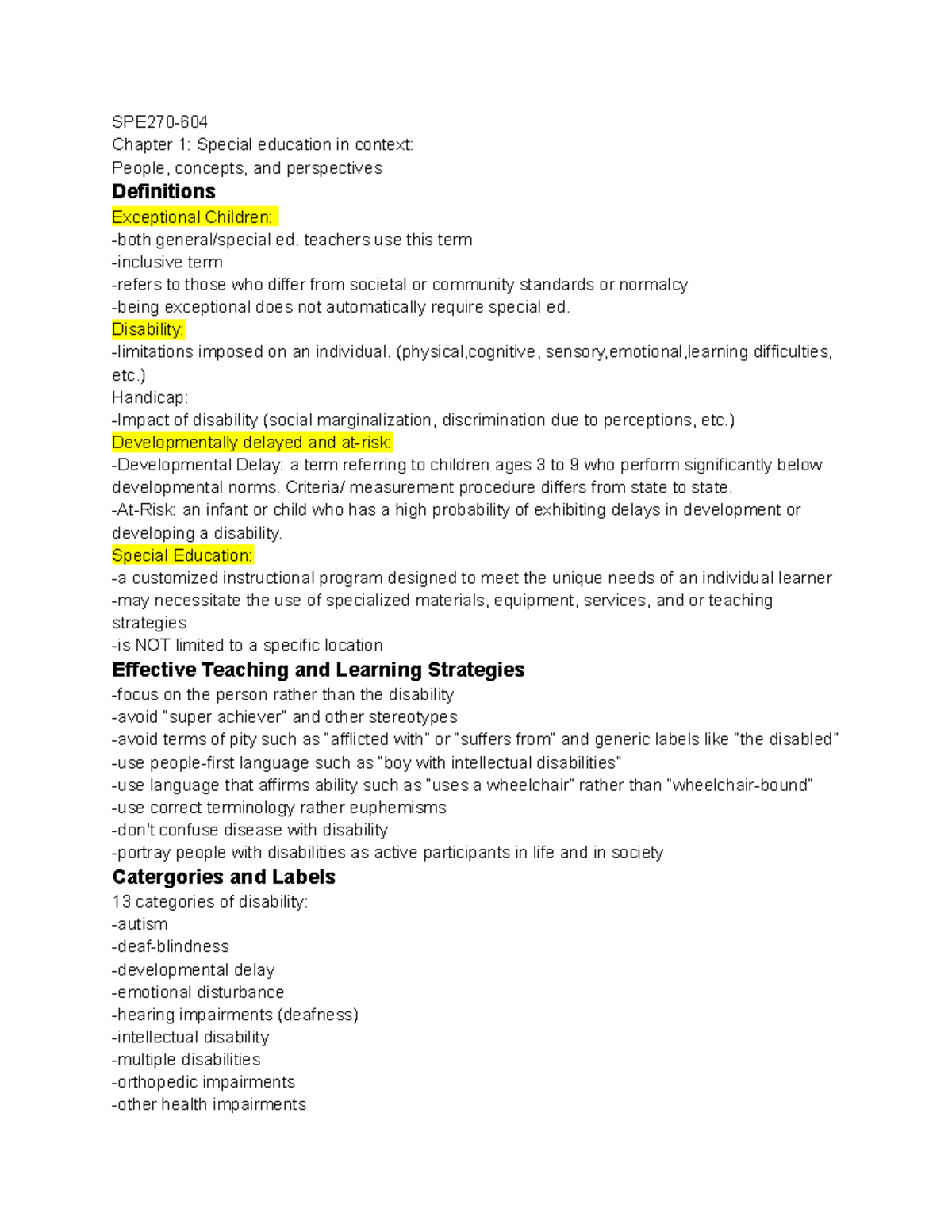 SPE chapter 1 notes - Professor Janet Duncan Intro to Special Education ...