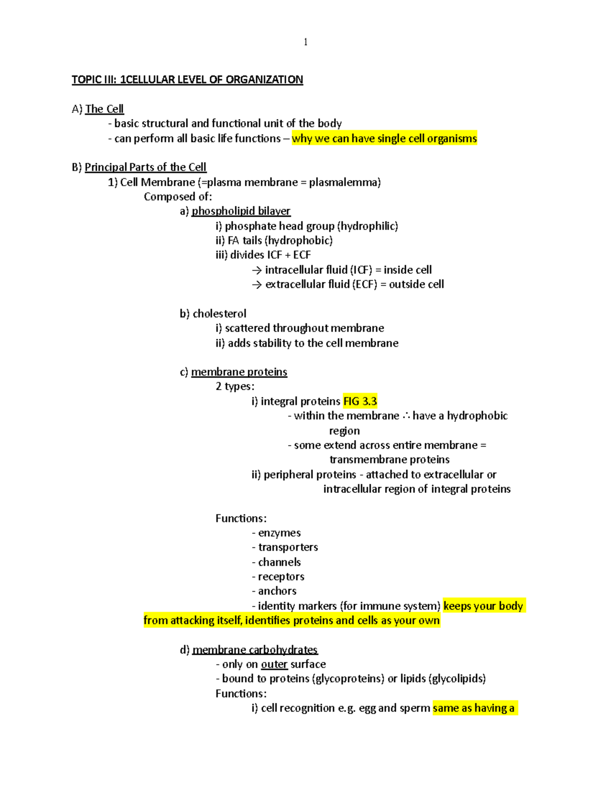 Topic III Cellular Level of Organization - 1 TOPIC III: 1CELLULAR LEVEL ...
