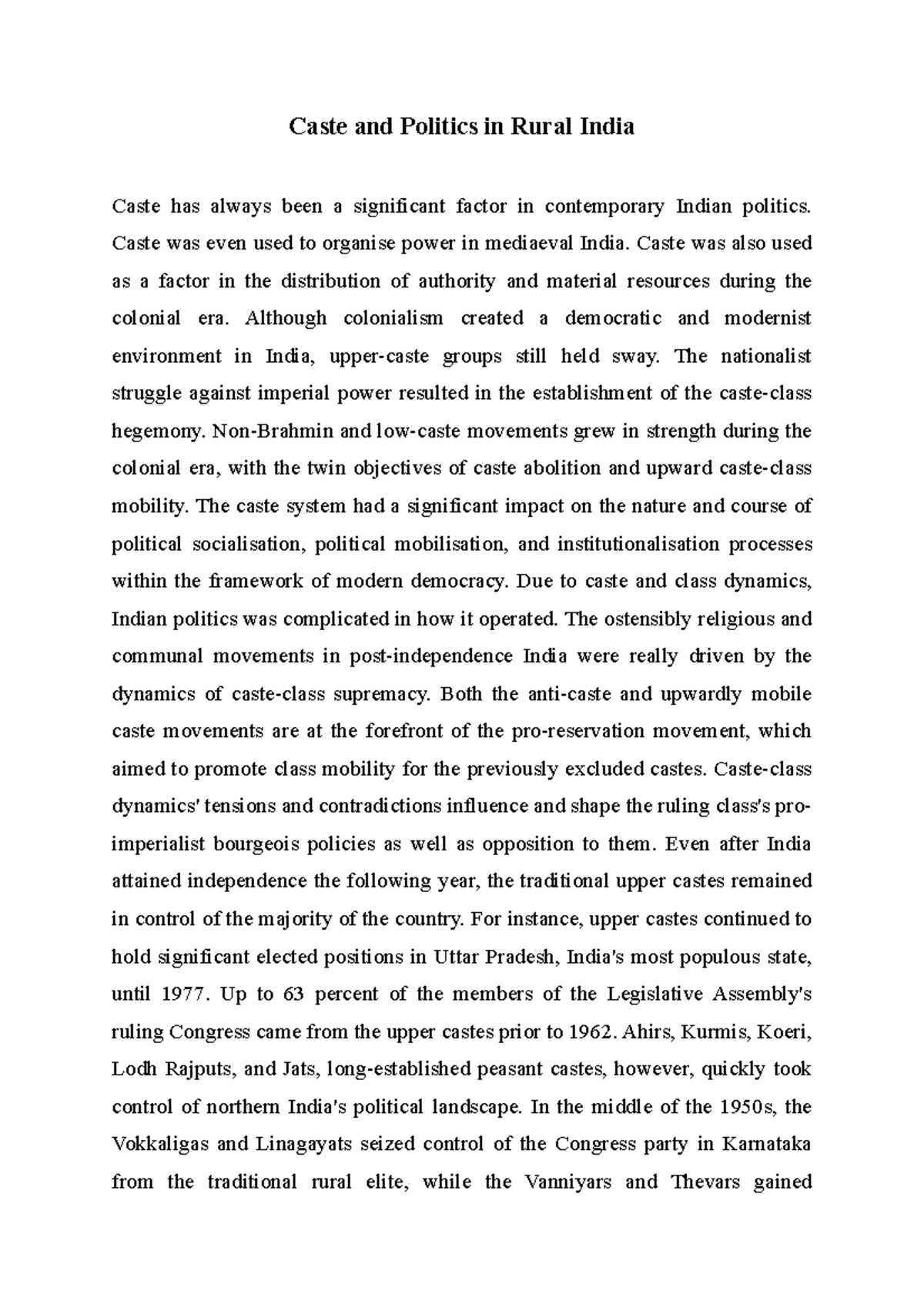 Caste and Politics in Rural India - Caste was even used to organise ...