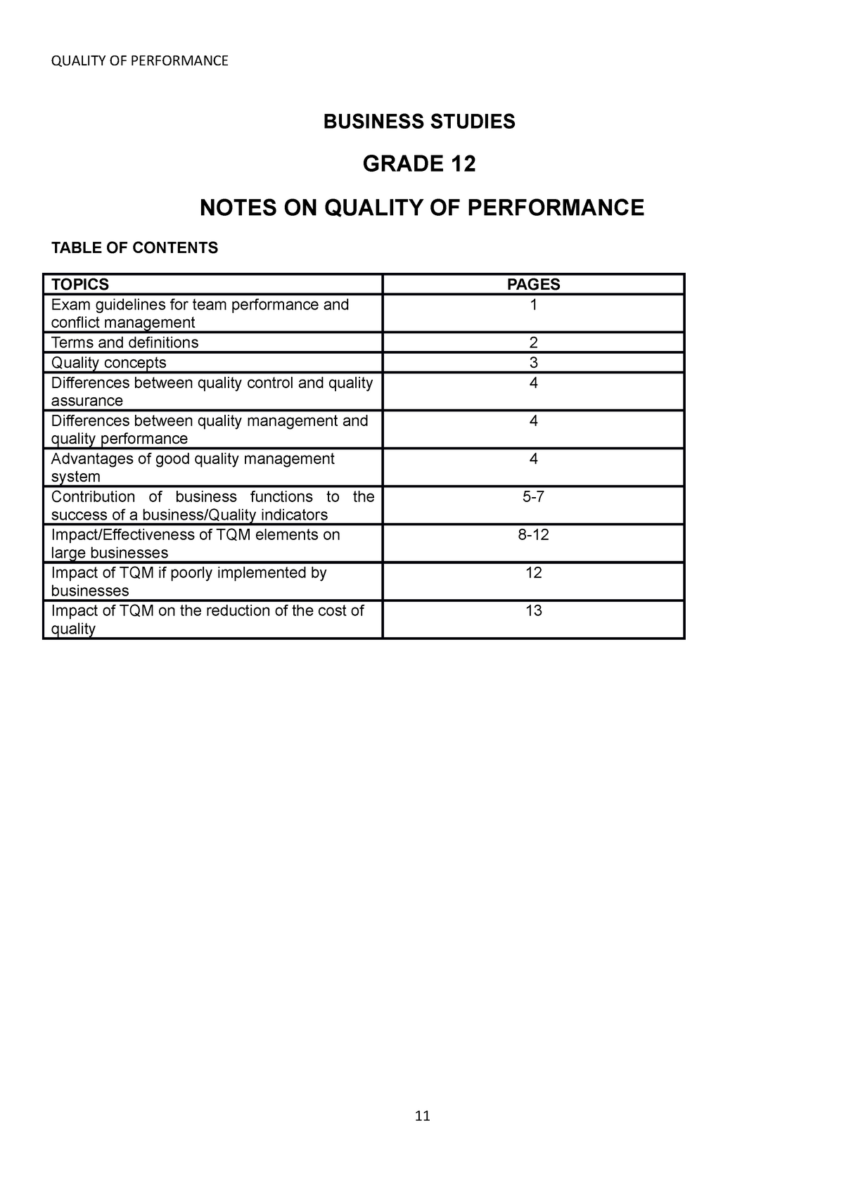 grade 12 business studies quality performance essay