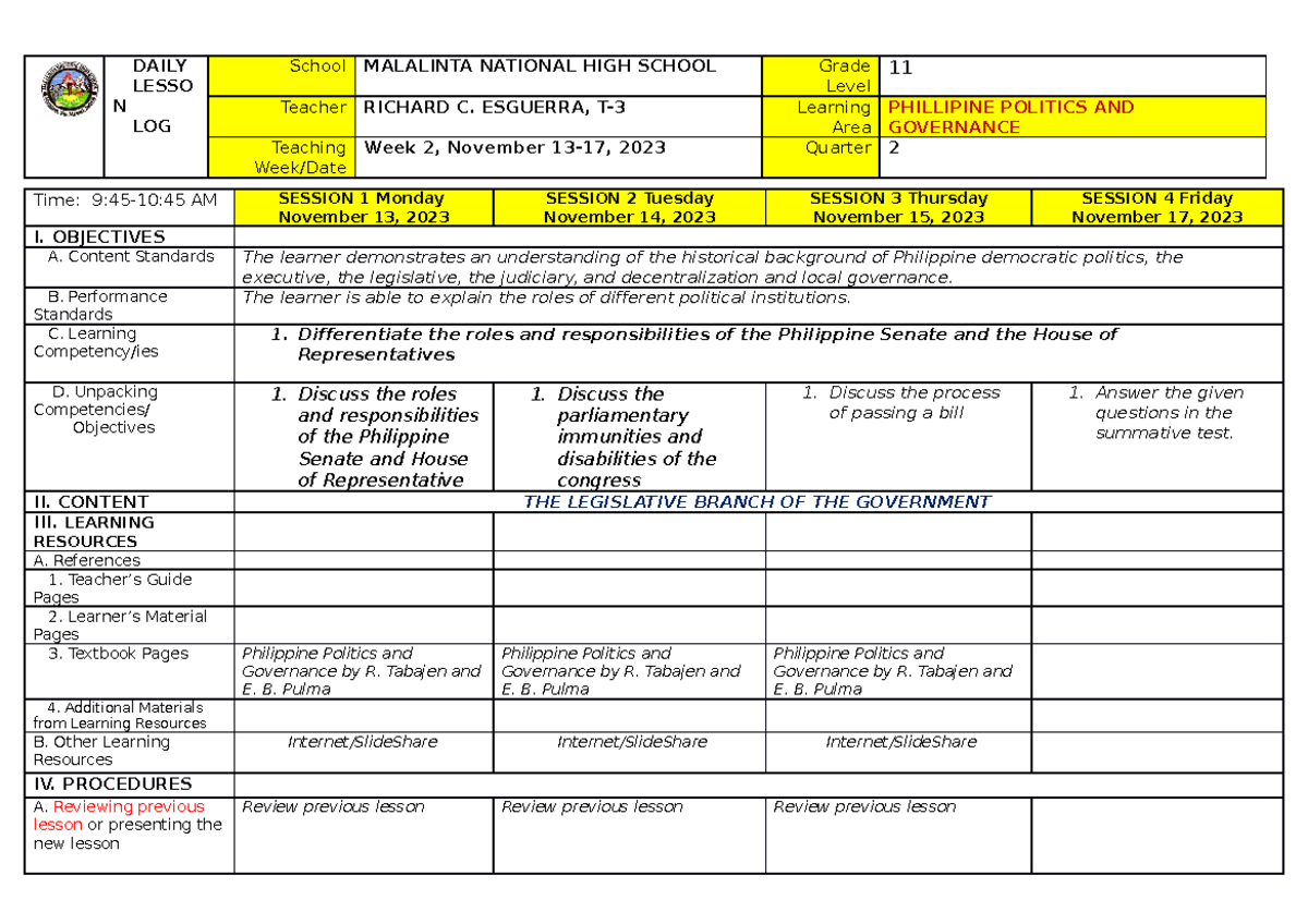 November 13 17 daily learning log daily lesso n log school