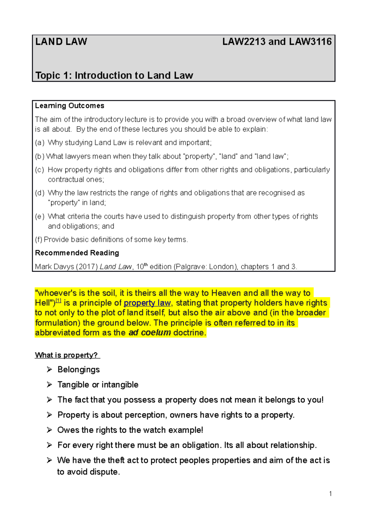 Introduction to Land Law - Lecture Notes - LAND LAW LAW2213 and LAW ...