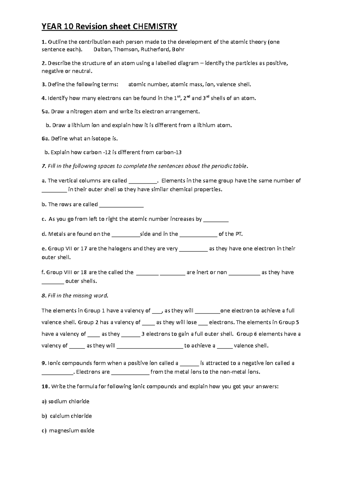 Revision - Dalton, Thomson, Rutherford, Bohr Describe the structure of ...