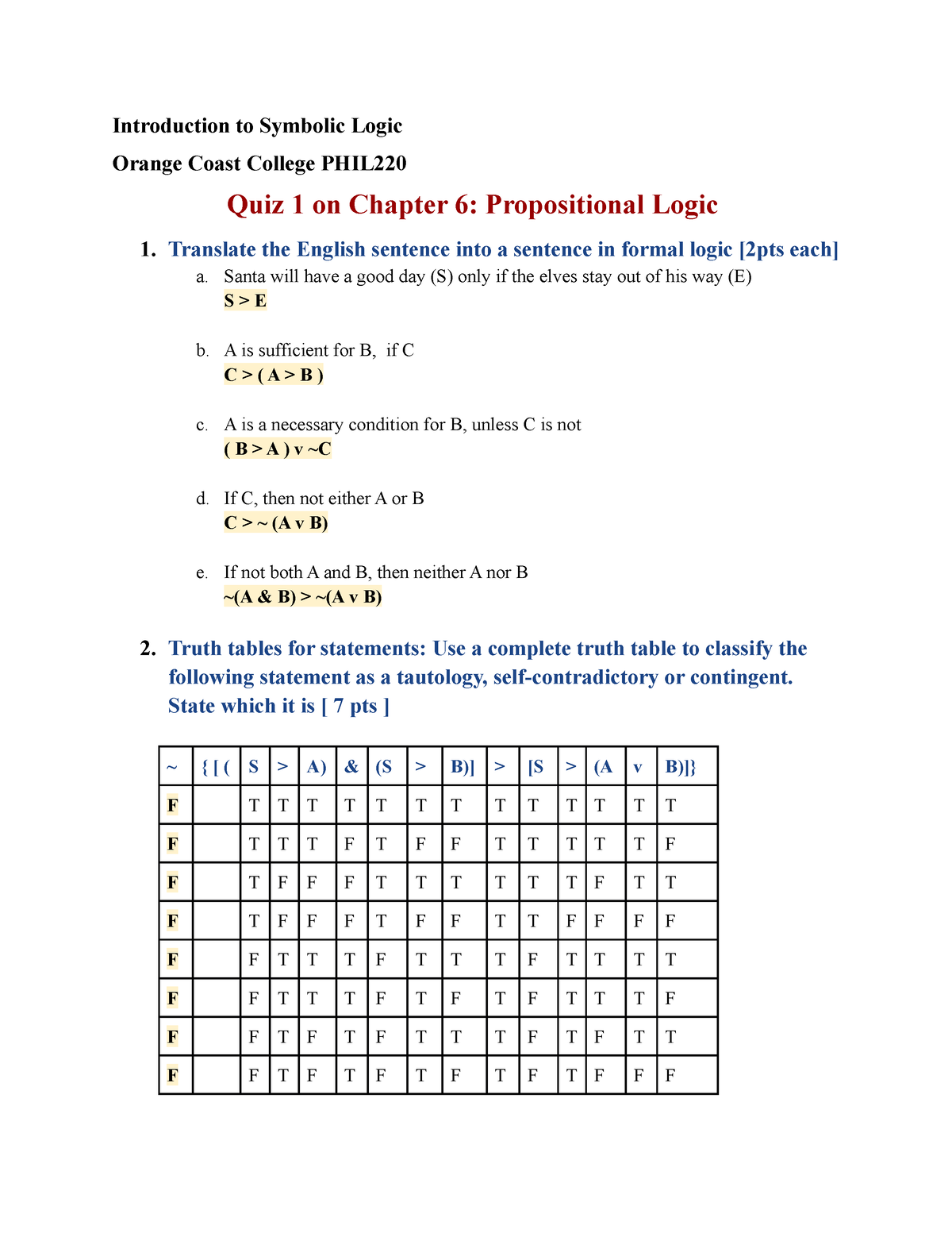 Answer Key To Quiz 1 Propositional Logic Introduction To Symbolic Logic Orange Coast College 7378