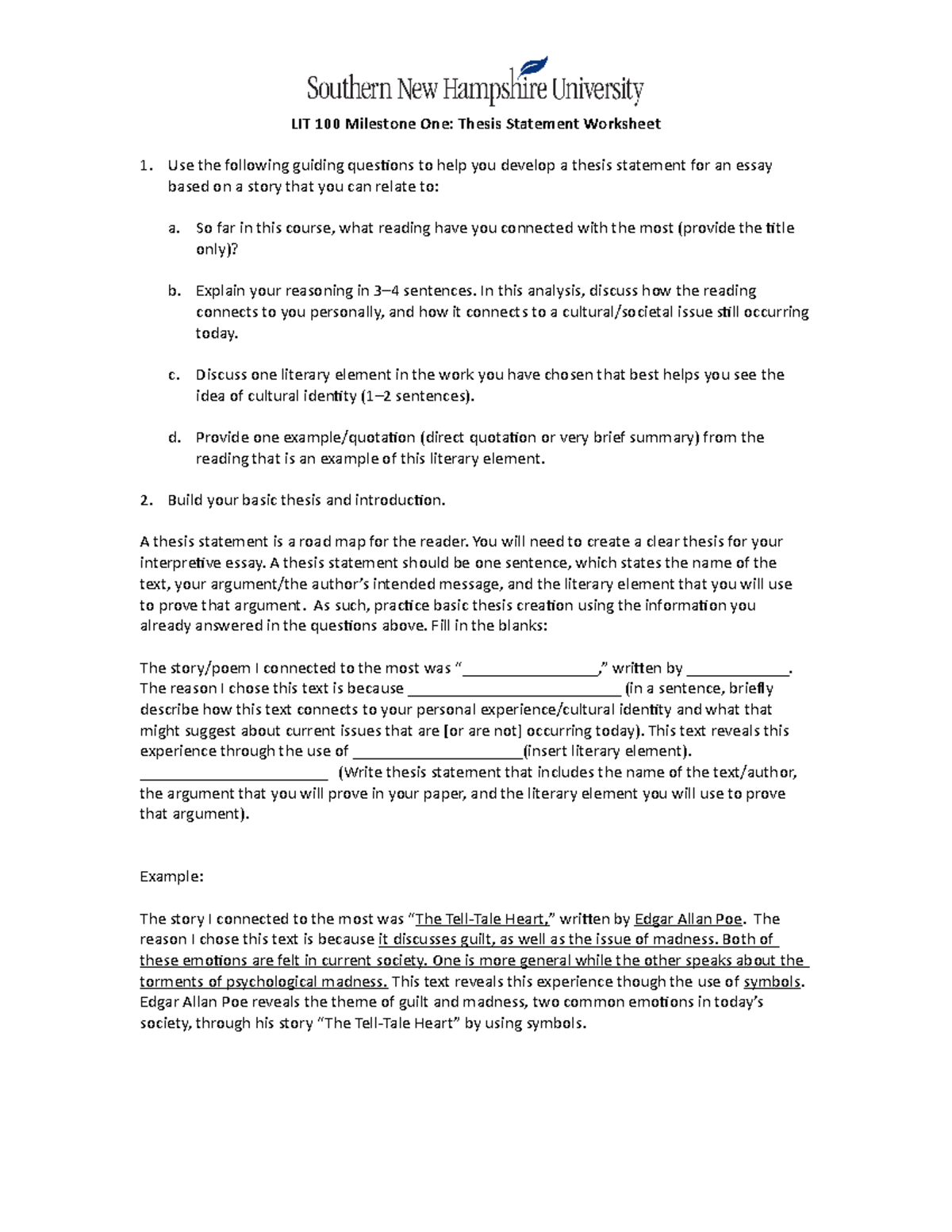 Lit100 milestone one thesis statement worksheet - LIT 100 Milestone One ...