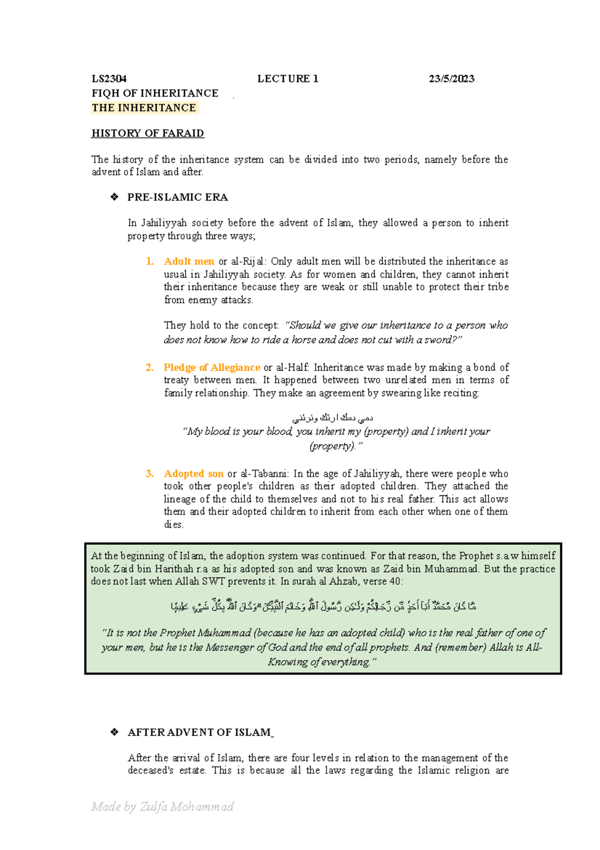 History Of Faraid - LS2304 LECTURE 1 23/5/ FIQH OF INHERITANCE THE ...