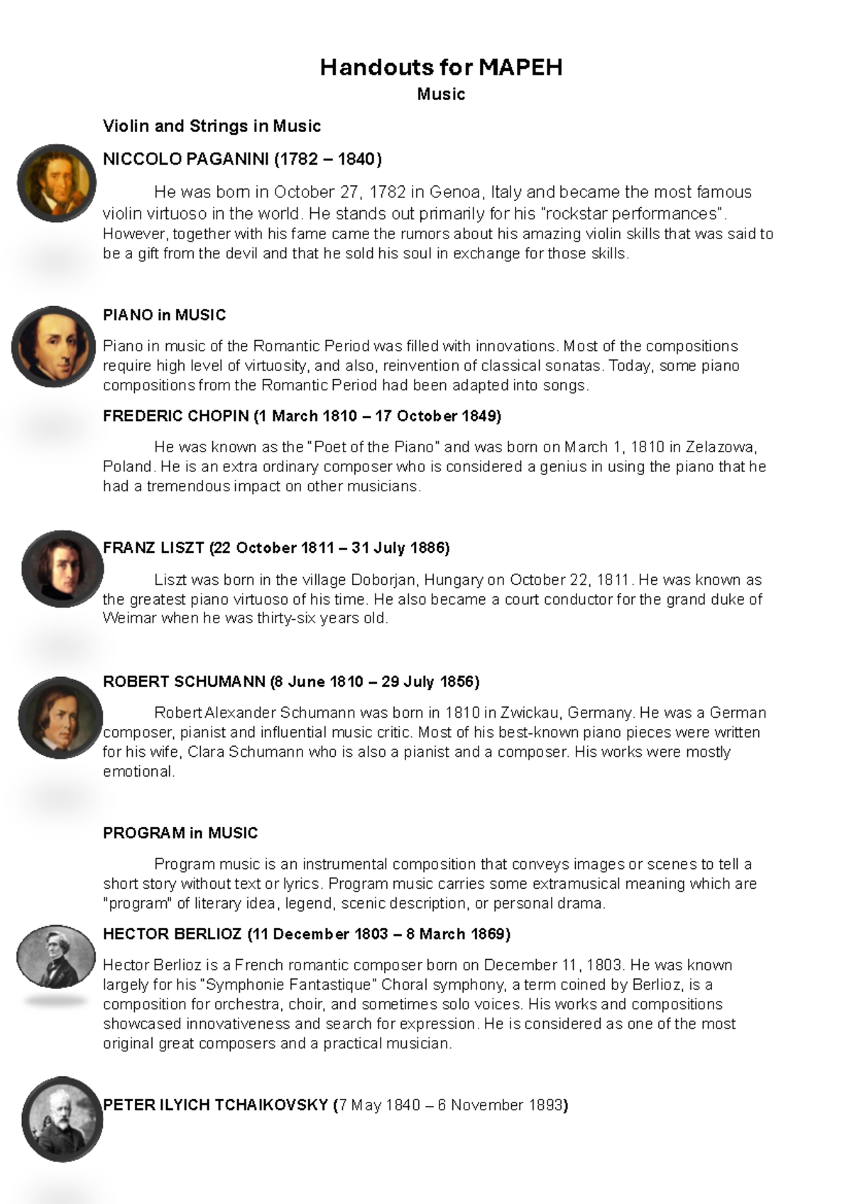 Handouts Mapeh Music Violin and Strings in Music NICCOLO PAGANINI