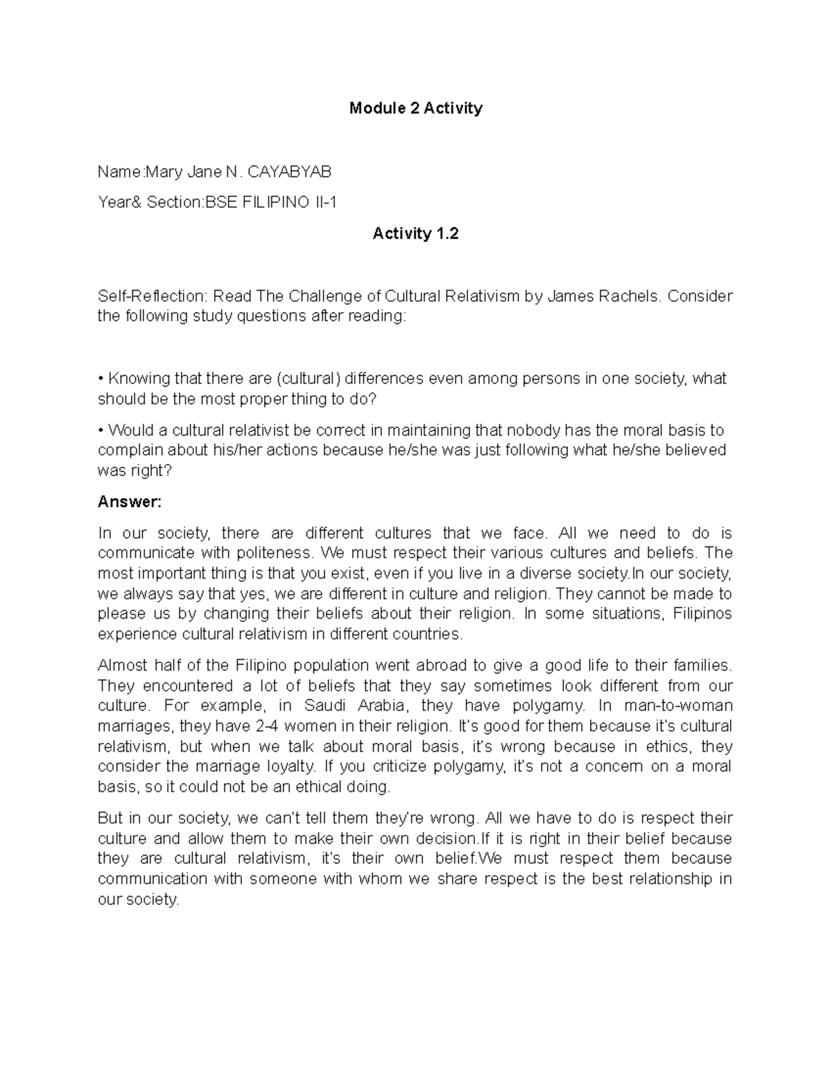 Module 2 Activity Mary Jane N. Cayabyab Module 2 Activity NameMary