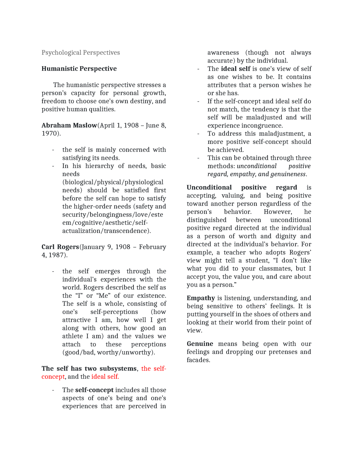 Module 3 Notes - Psychological Perspectives Humanistic Perspective The ...