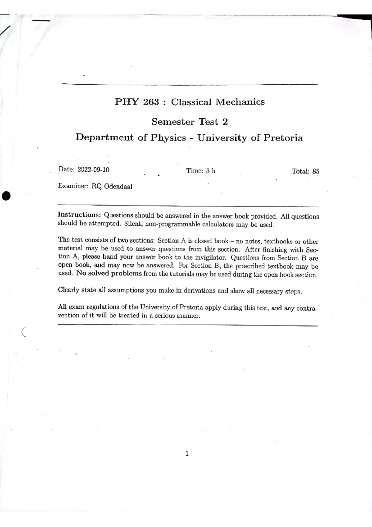 SM ST2 2022 - Semester test 2 of 2023 for Classical mechanics. - PHY ...