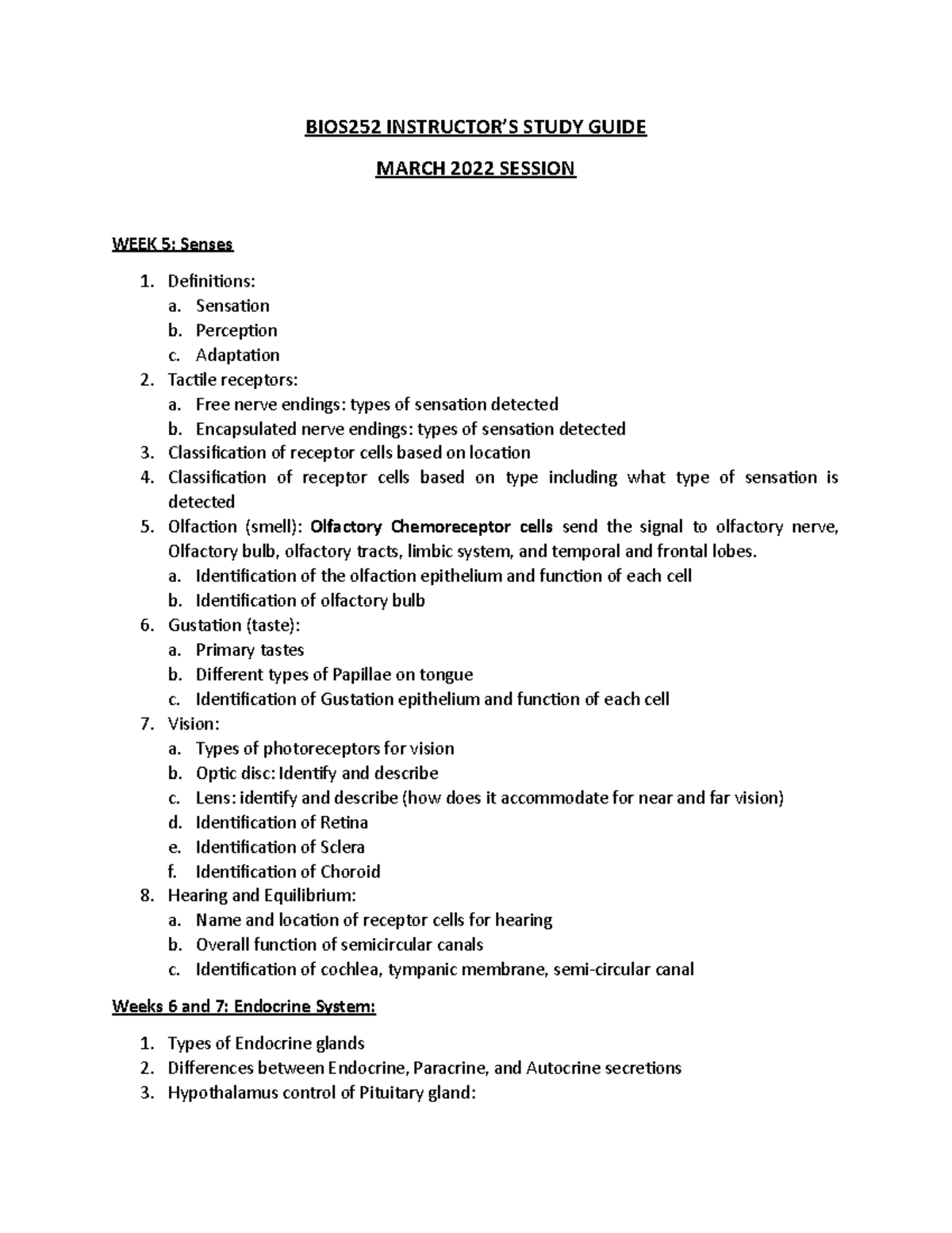 BIOS252 Exam 3 Instructor Study Guide - BIOS252 INSTRUCTOR’S STUDY GUIDE MARCH 2022 SESSION WEEK ...