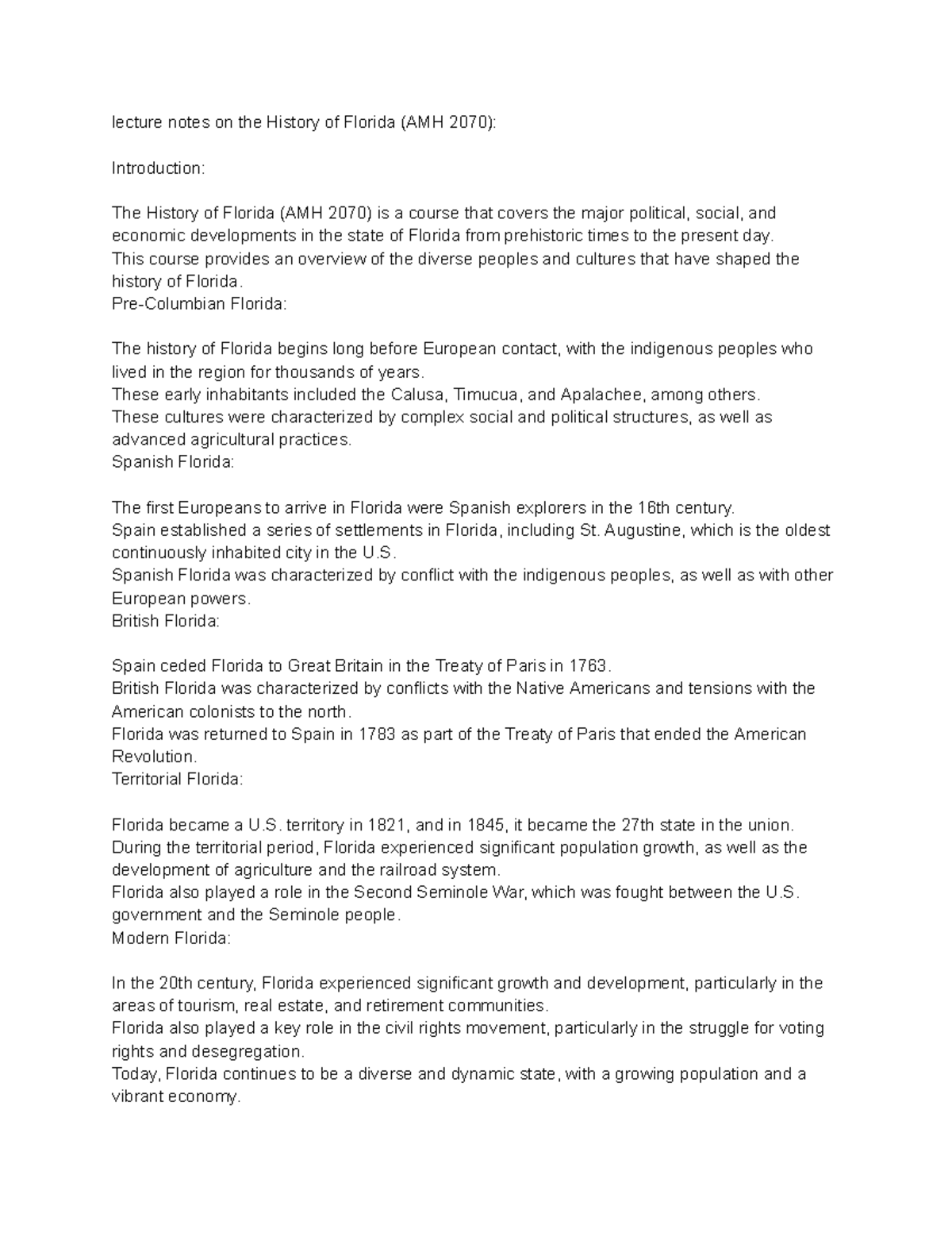 History of Florida (AMH 2070) lecture notes on the History of Florida