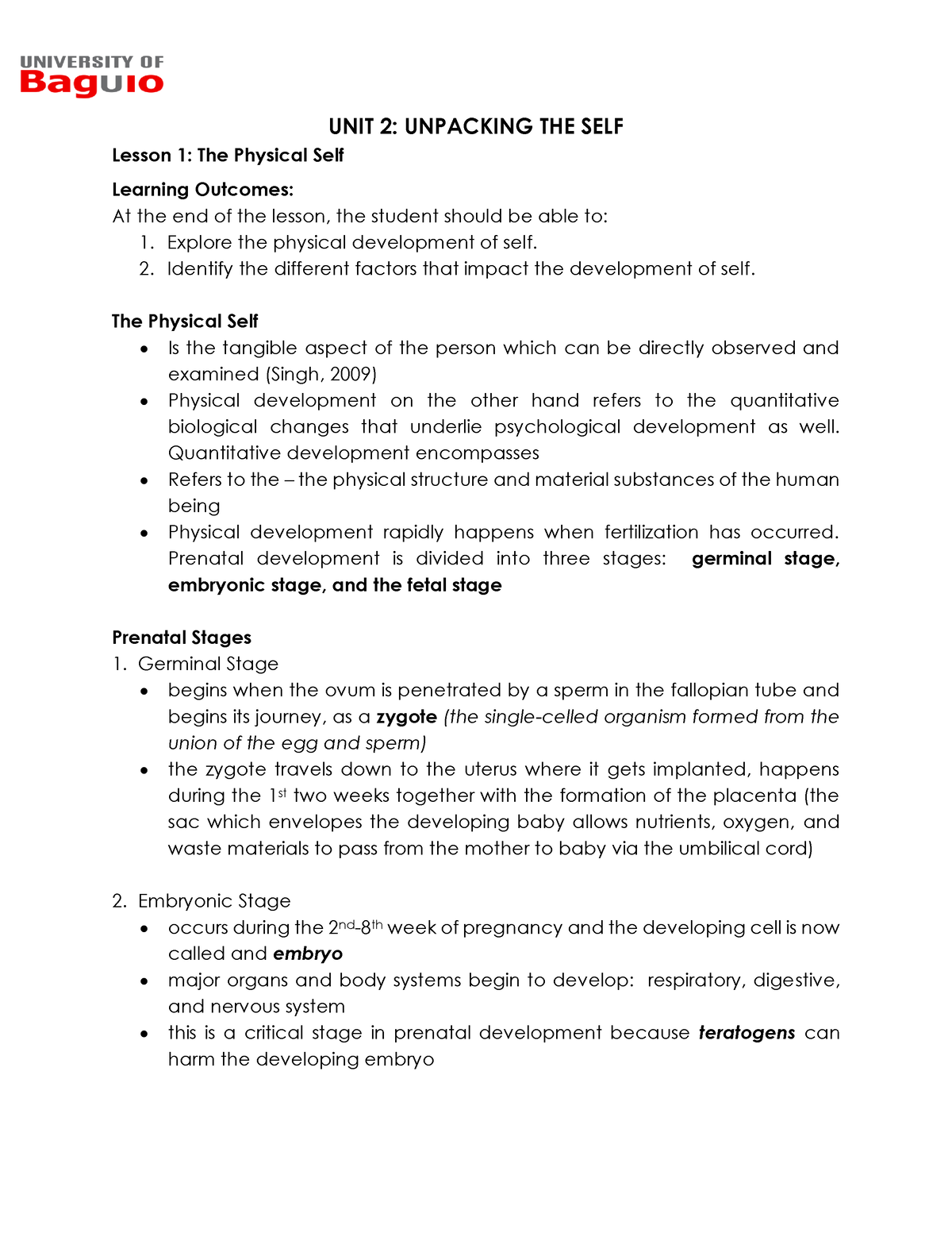 UNIT 2 Lesson 1 Physical SELF - UNIT 2: UNPACKING THE SELF Lesson 1 ...