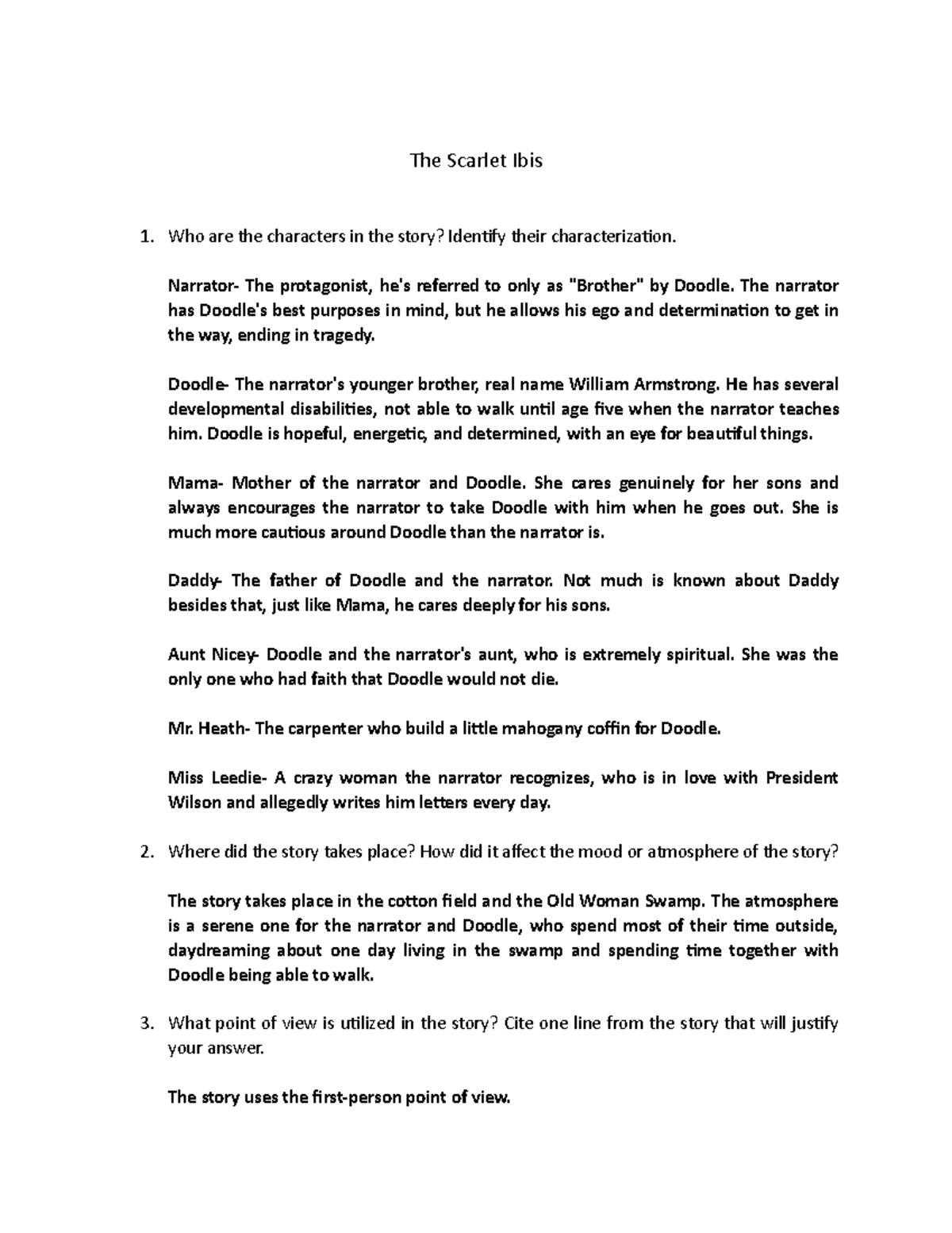 The-Scarlet-Ibis - Activity - The Scarlet Ibis Who are the characters ...