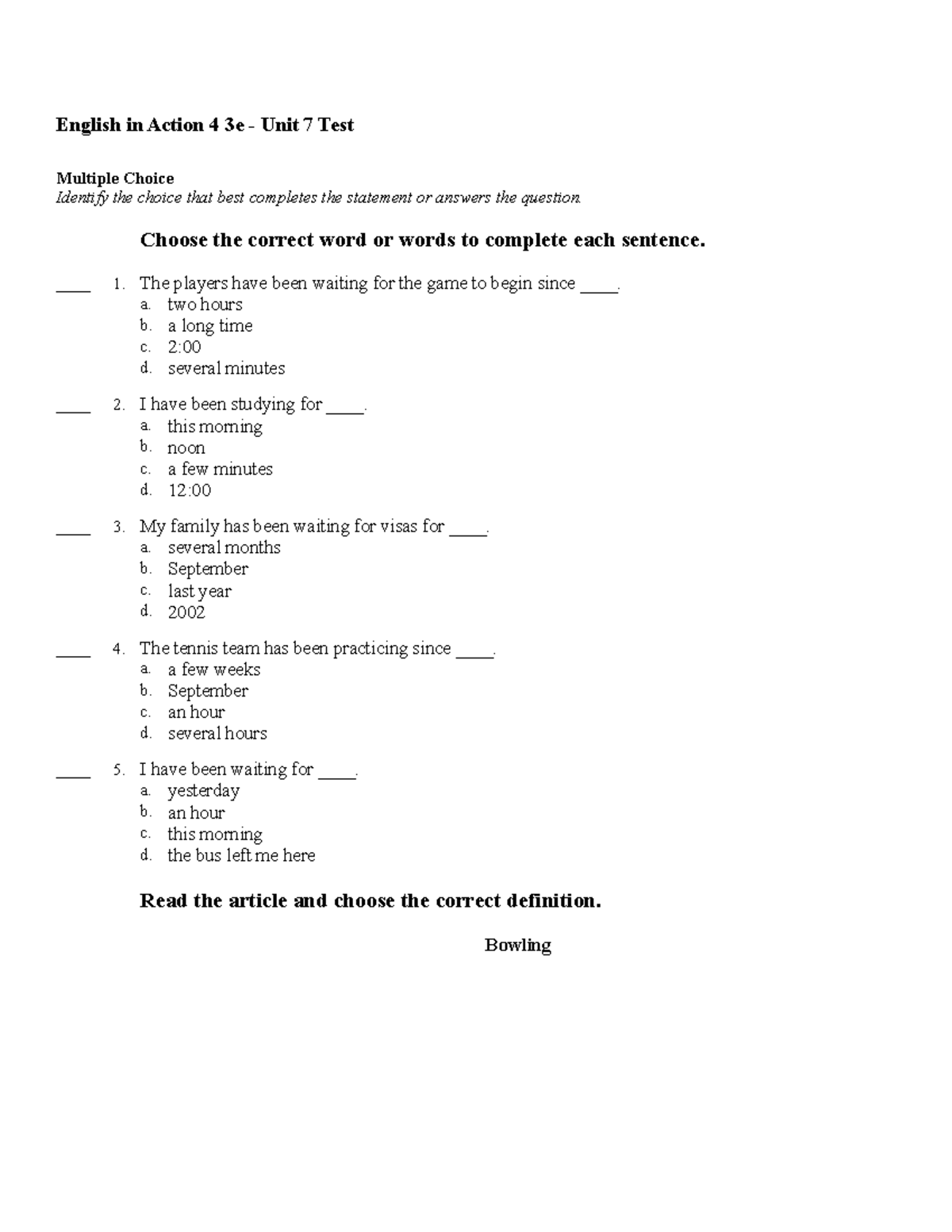 Practice eia 4 3e unit 7 test - English in Action 4 3e - Unit 7 Test ...