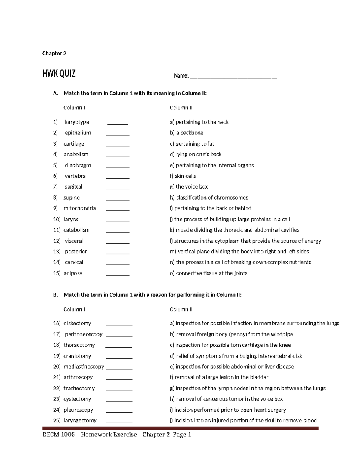HWK Matching Column Quiz - Chapter 2 HWK QUIZ Name ...