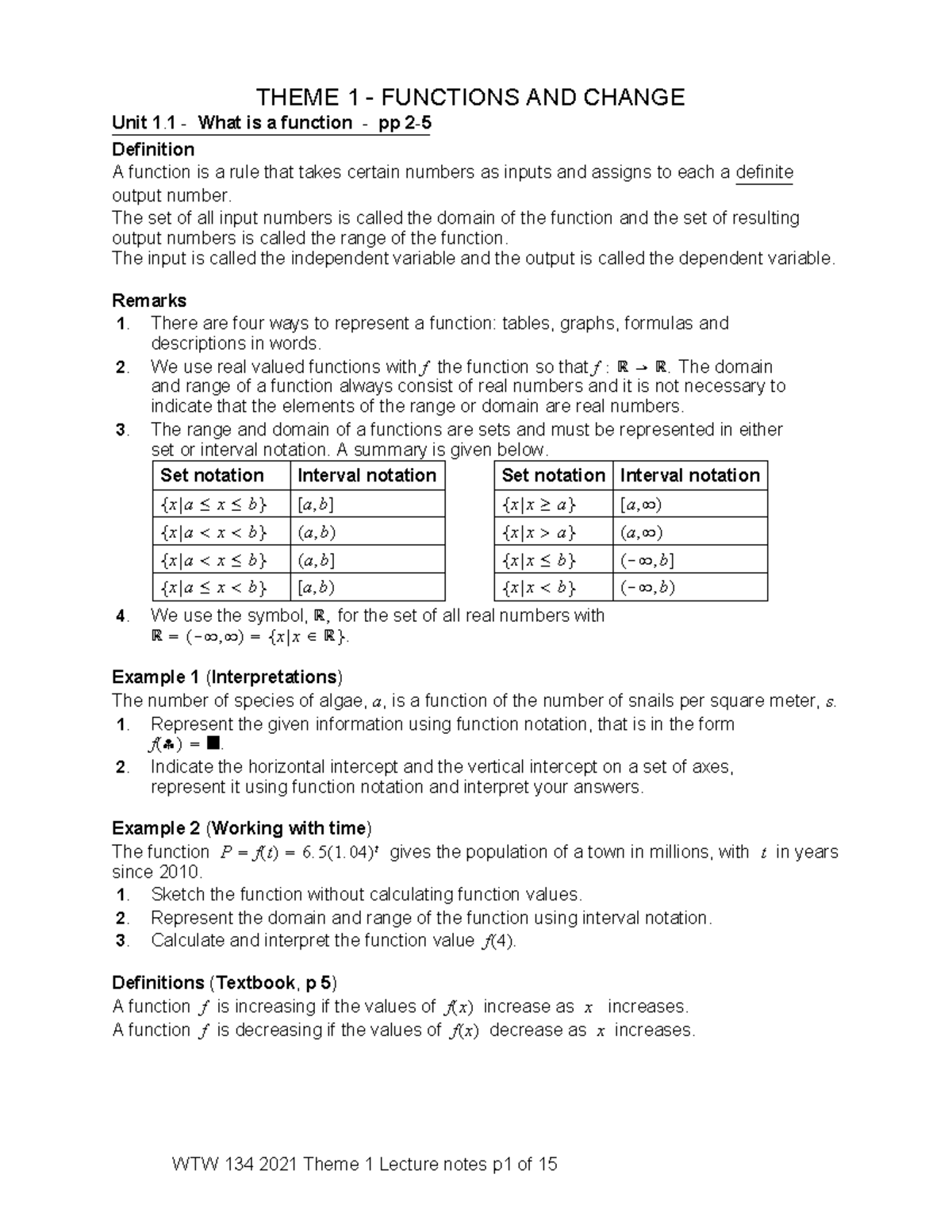 WTW 134 Lecture Notes Theme 1 2 THEME 1 FUNCTIONS AND CHANGE Unit