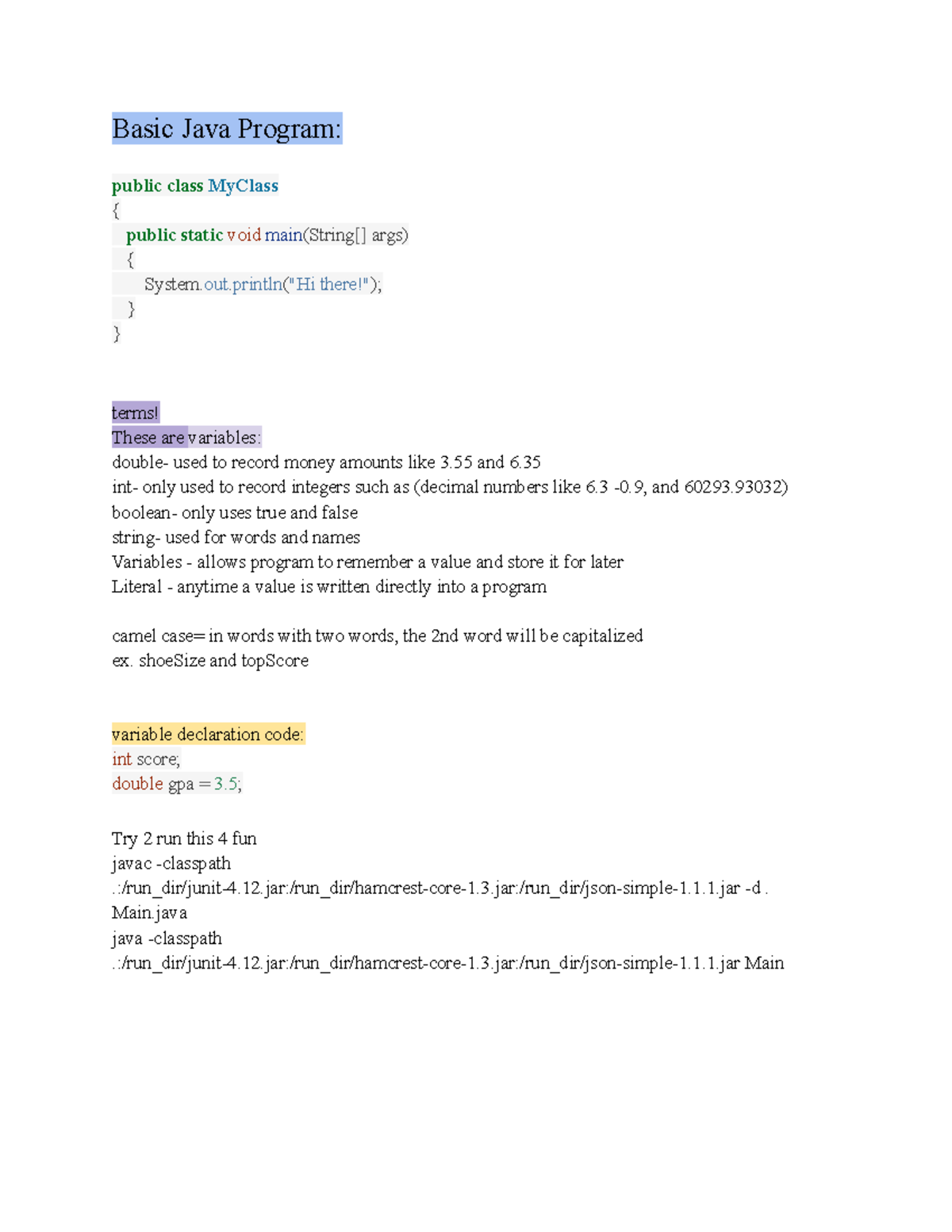 Basic Java Program + Notes - Basic Java Program: Public Class MyClass ...