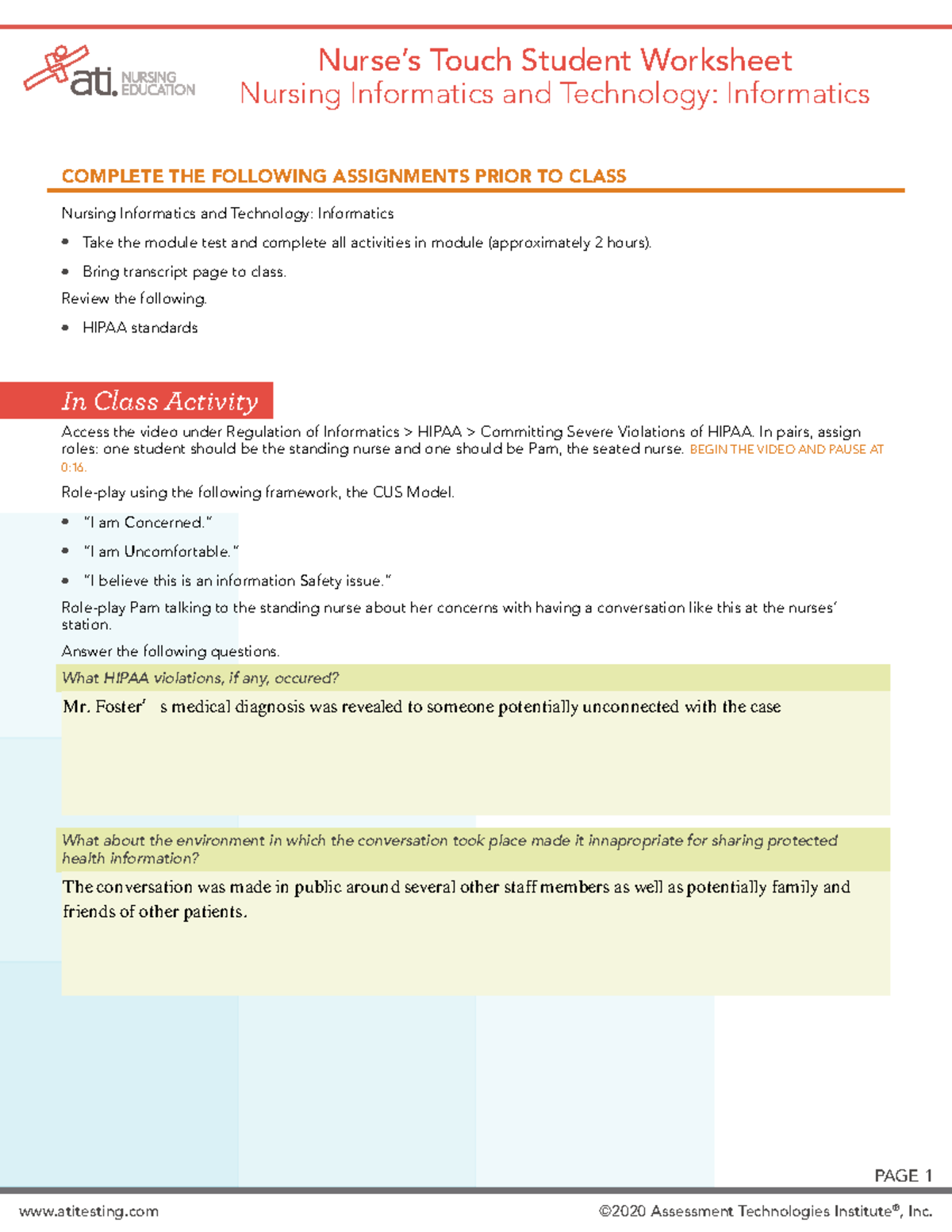 Nurses Touch Worksheet - Informatic Module - EDUCATOR IMPLEMENTATION ...