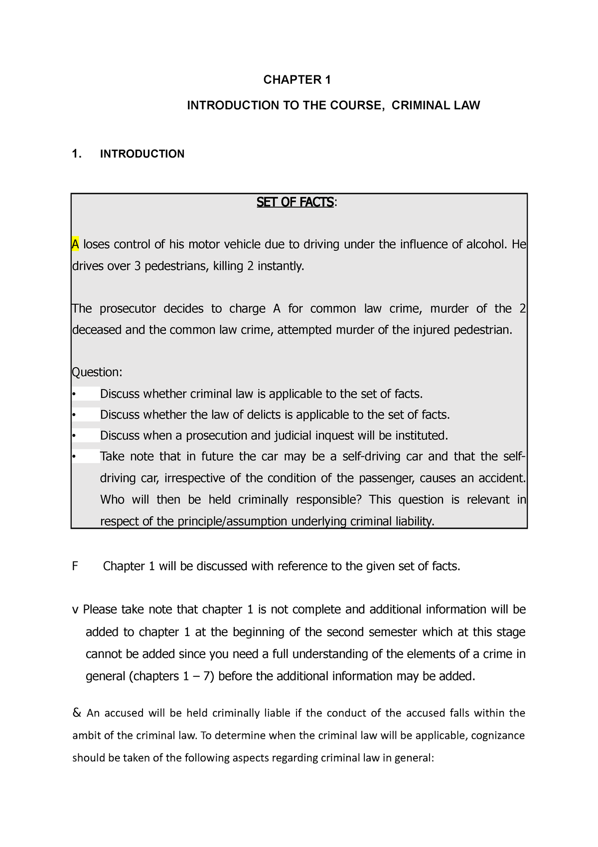 Criminal Law Chap 1 Notes Chapter 1 Introduction To The Course Criminal Law 1 Introduction 