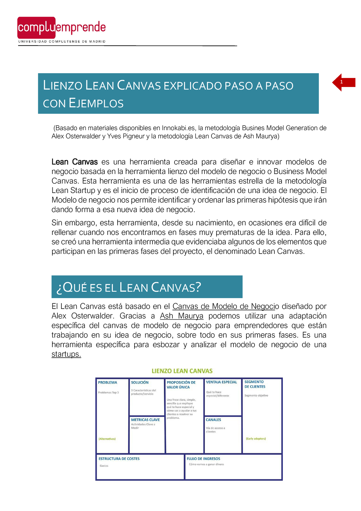 Leancanvas instrucciones - 1 (Basado en materiales disponibles en Innokabi,  la metodología Busines - Studocu