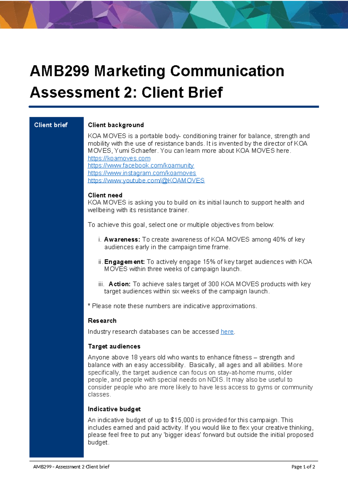 KOA client brief AMB299 Final-1 - AMB299 Marketing Communication ...